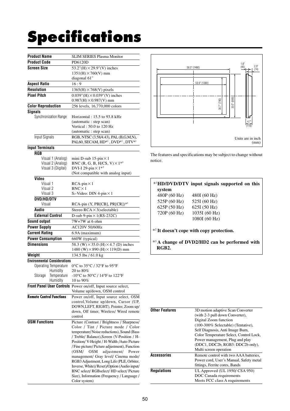 Specifications | Marantz PD6120D User Manual | Page 57 / 60