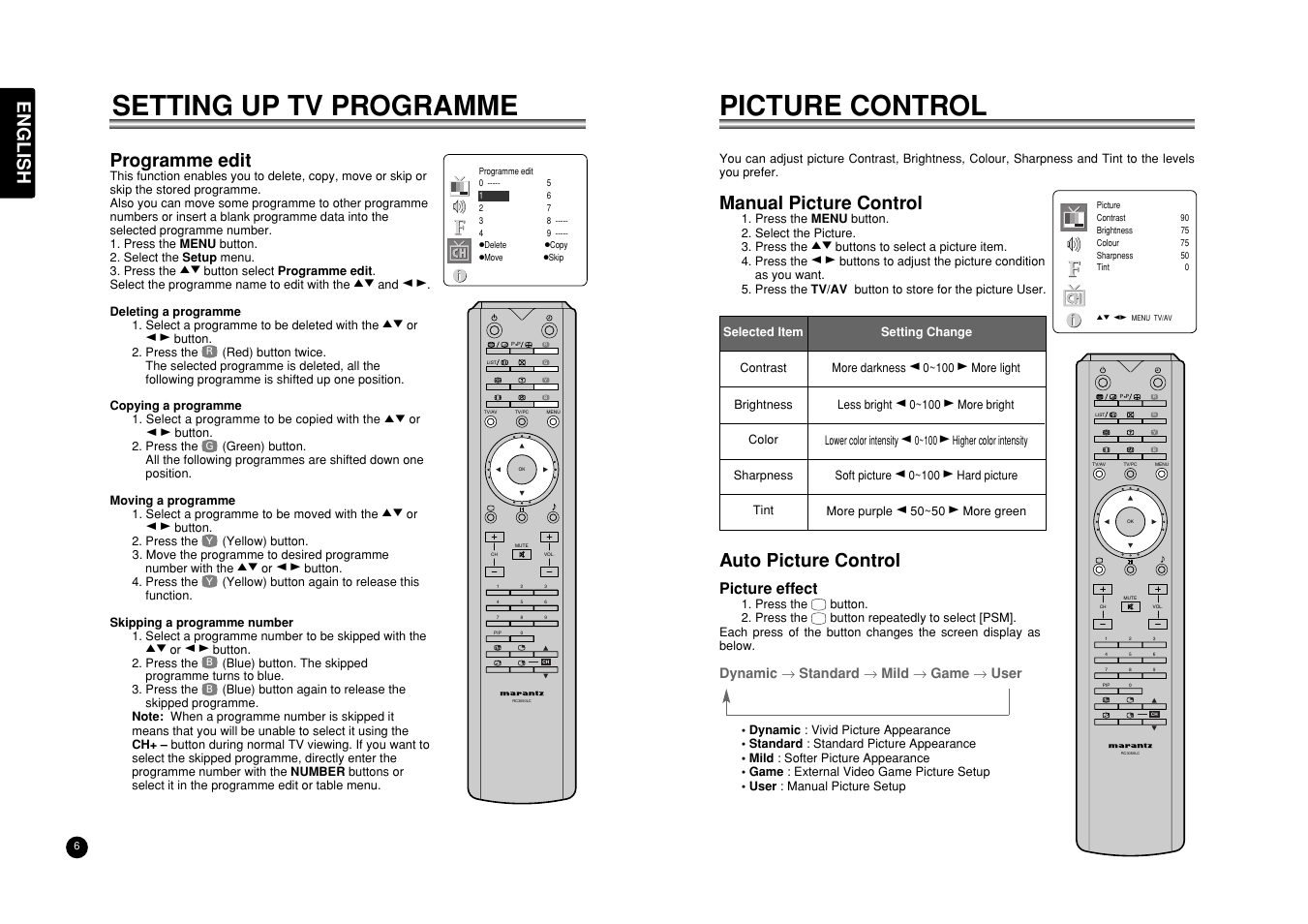 Setting up tv programme, Picture control, English | Programme edit, Manual picture control, Auto picture control, Picture effect | Marantz LC3050 User Manual | Page 10 / 17