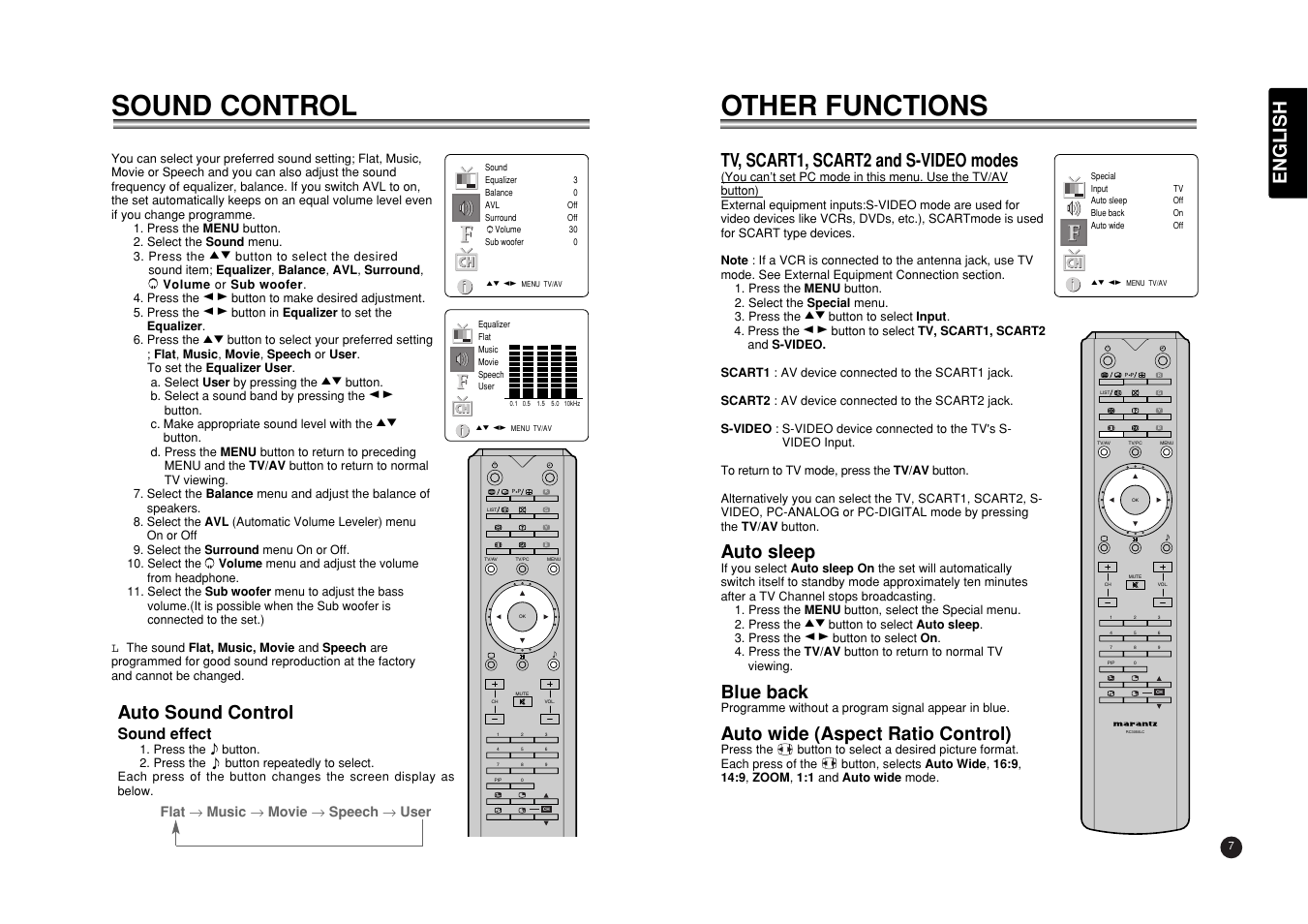 Other functions, Sound control, English | Auto sound control, Tv, scart1, scart2 and s-video modes, Auto sleep, Blue back, Auto wide (aspect ratio control), Sound effect | Marantz LC3050 User Manual | Page 11 / 17