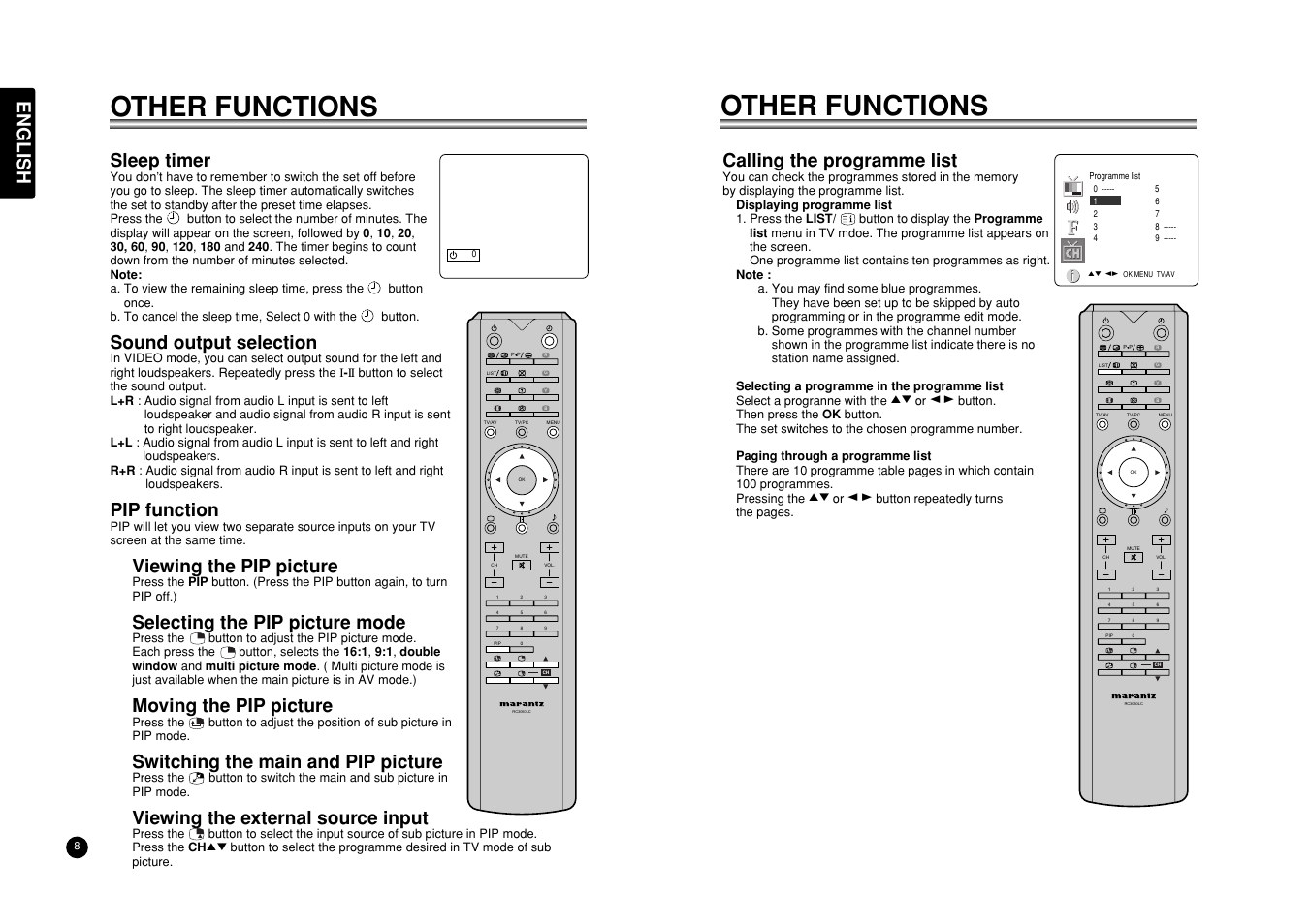 Other functions, English, Sleep timer | Sound output selection, Pip function, Viewing the pip picture, Selecting the pip picture mode, Moving the pip picture, Switching the main and pip picture, Viewing the external source input | Marantz LC3050 User Manual | Page 12 / 17