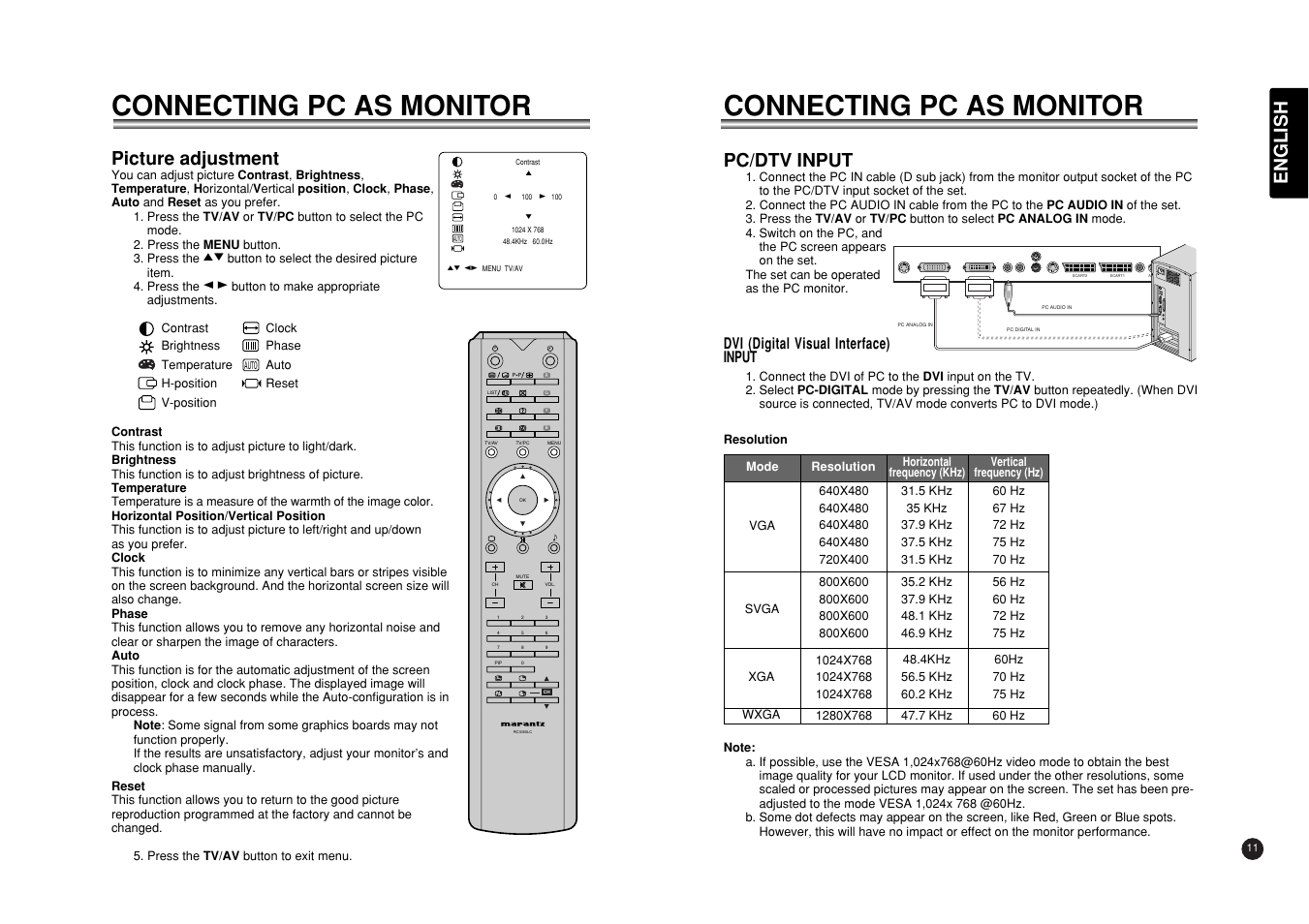 Connecting pc as monitor, English, Picture adjustment | Pc/dtv input | Marantz LC3050 User Manual | Page 15 / 17