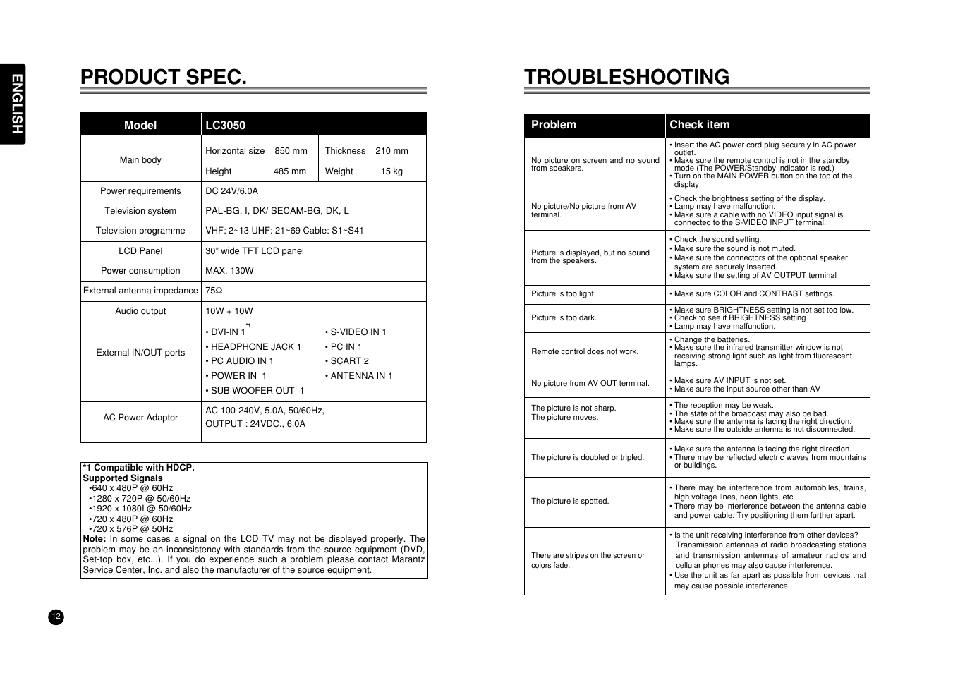 Troubleshooting, Product spec, English | Marantz LC3050 User Manual | Page 16 / 17