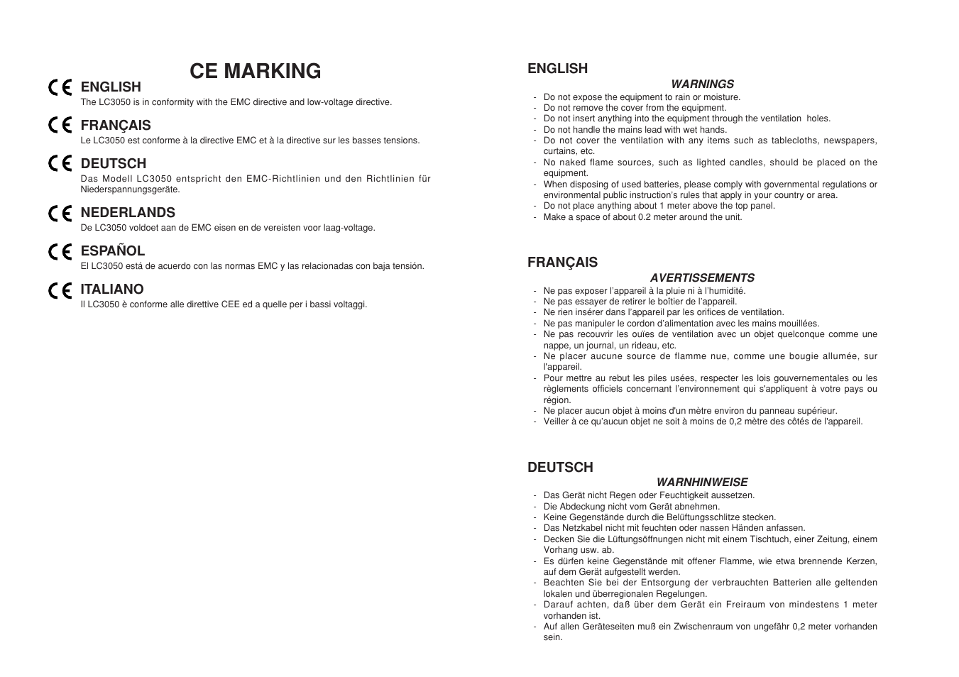 Ce marking | Marantz LC3050 User Manual | Page 2 / 17
