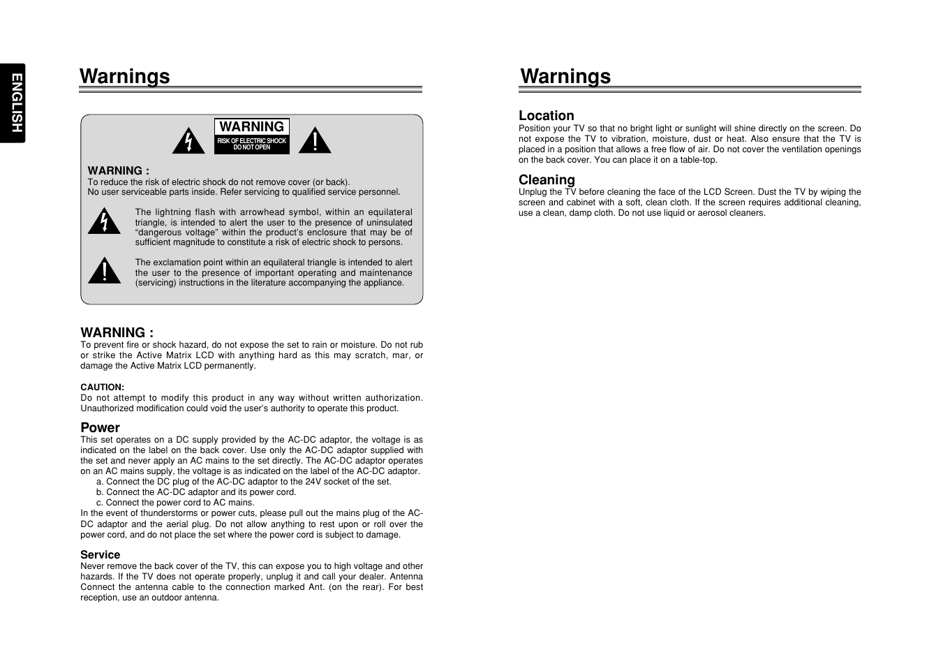 Warnings | Marantz LC3050 User Manual | Page 4 / 17