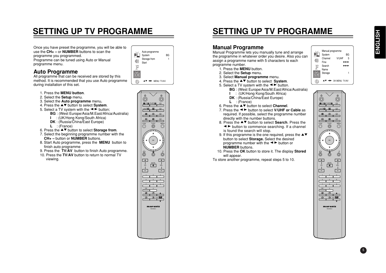 Setting up tv programme, English, Manual programme | Auto programme | Marantz LC3050 User Manual | Page 9 / 17