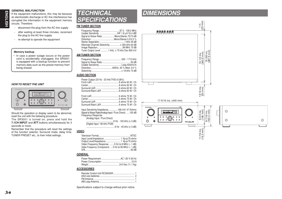 Technical specifications, Dimensions | Marantz SR3001 User Manual | Page 37 / 41