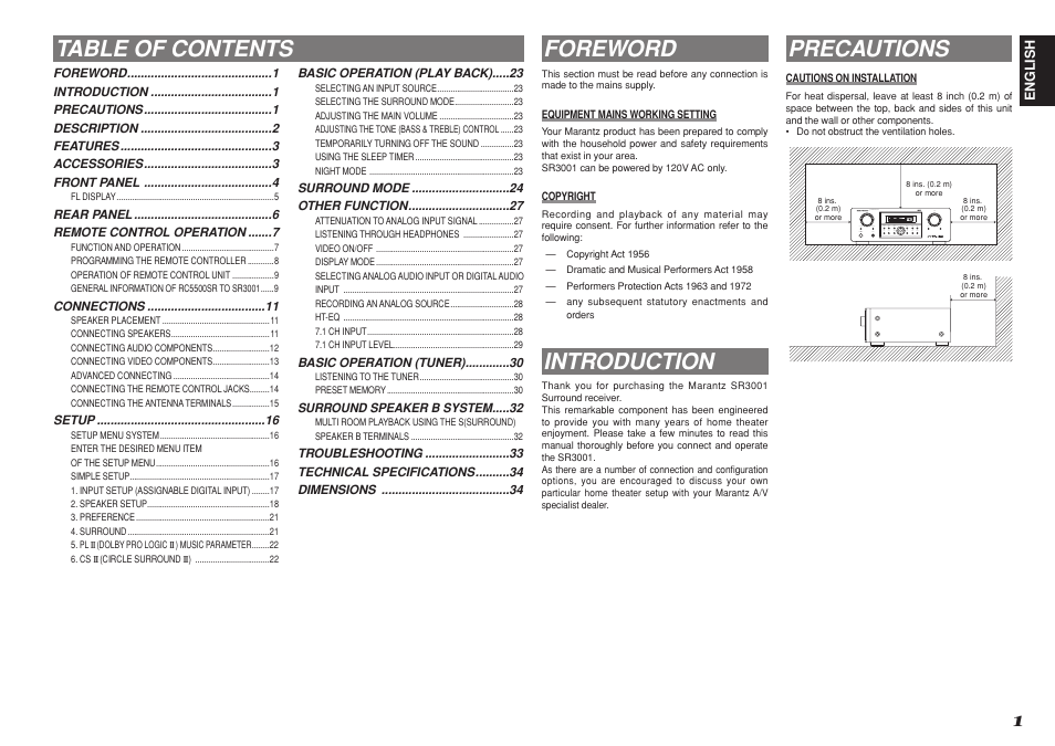 Table of contents foreword, Introduction, Precautions | Marantz SR3001 User Manual | Page 4 / 41