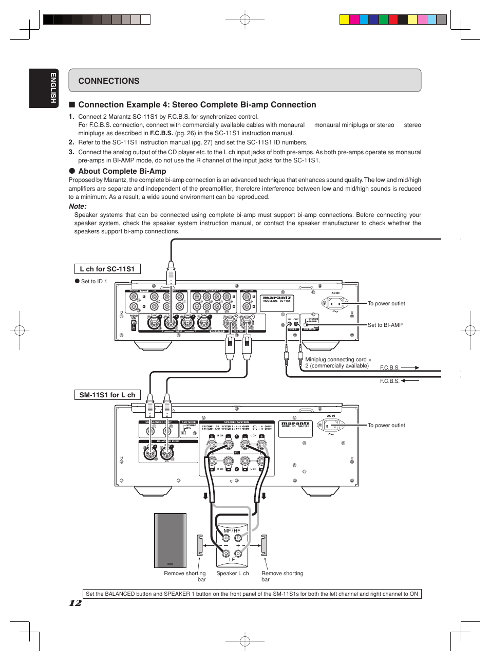 Connections, About complete bi-amp, English | L ch for sc-11s1, Sm-11s1 for l ch | Marantz SM-1151 User Manual | Page 18 / 31