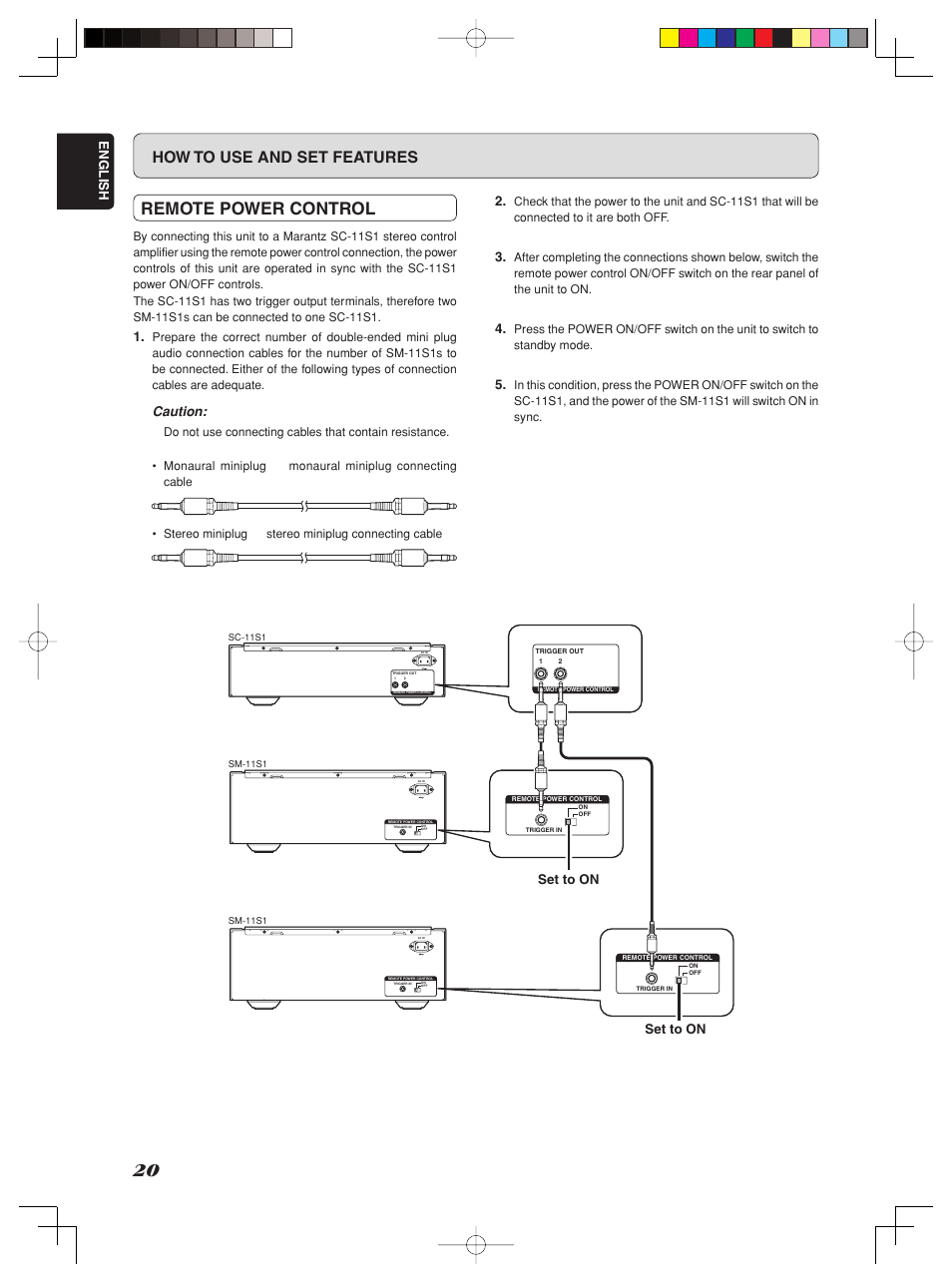 Remote power control, How to use and set features, English | Caution, Set to on | Marantz SM-1151 User Manual | Page 26 / 31