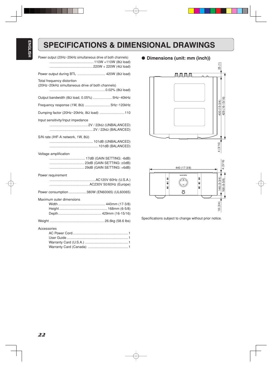Specifications & dimensional drawings, Dimensions (unit: mm (inch)) | Marantz SM-1151 User Manual | Page 28 / 31