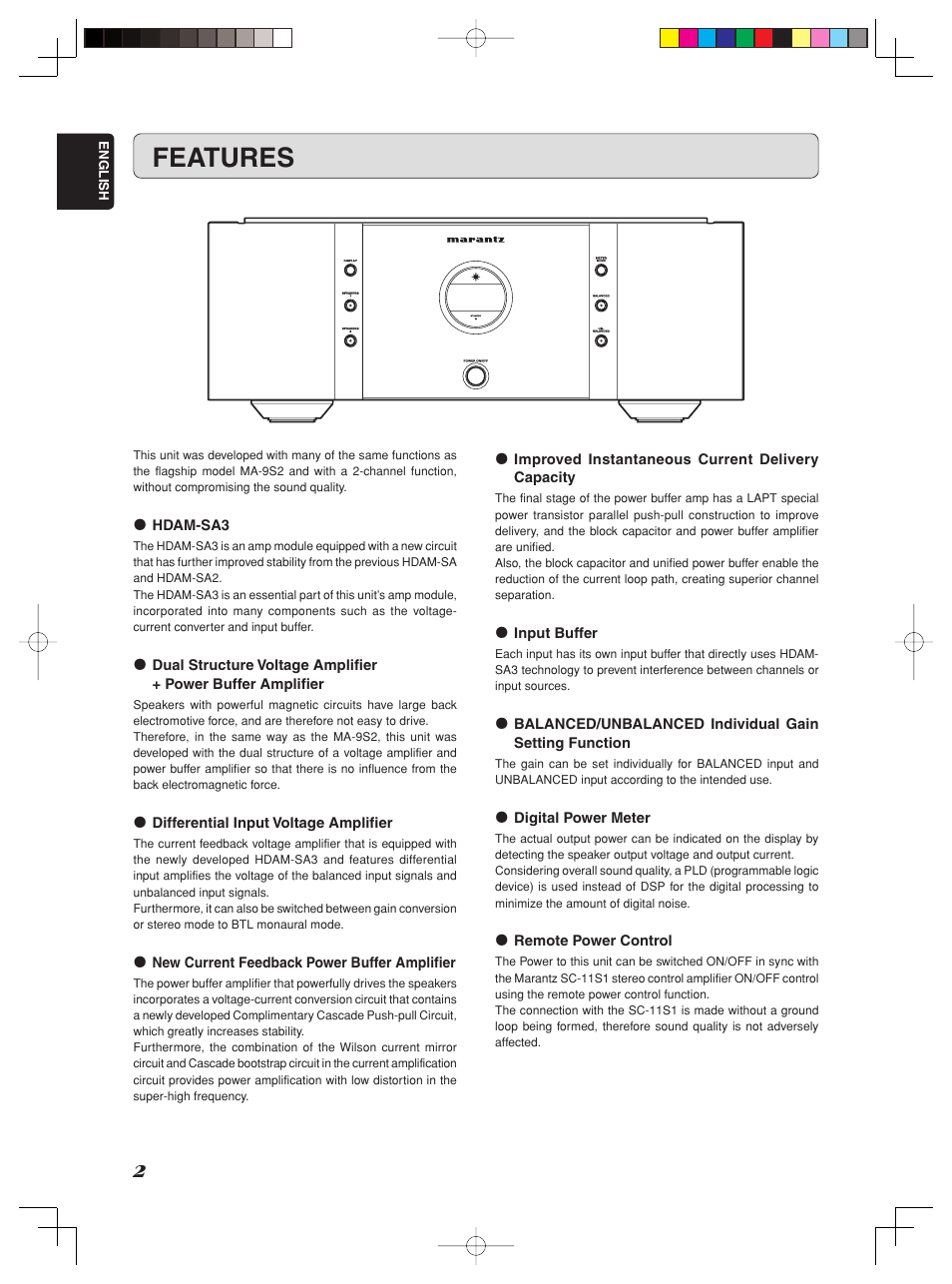 Features, Hdam-sa3, Differential input voltage amplifier | New current feedback power buffer amplifier, Standby, Improved instantaneous current delivery capacity, Input buffer, Digital power meter, Remote power control | Marantz SM-1151 User Manual | Page 8 / 31
