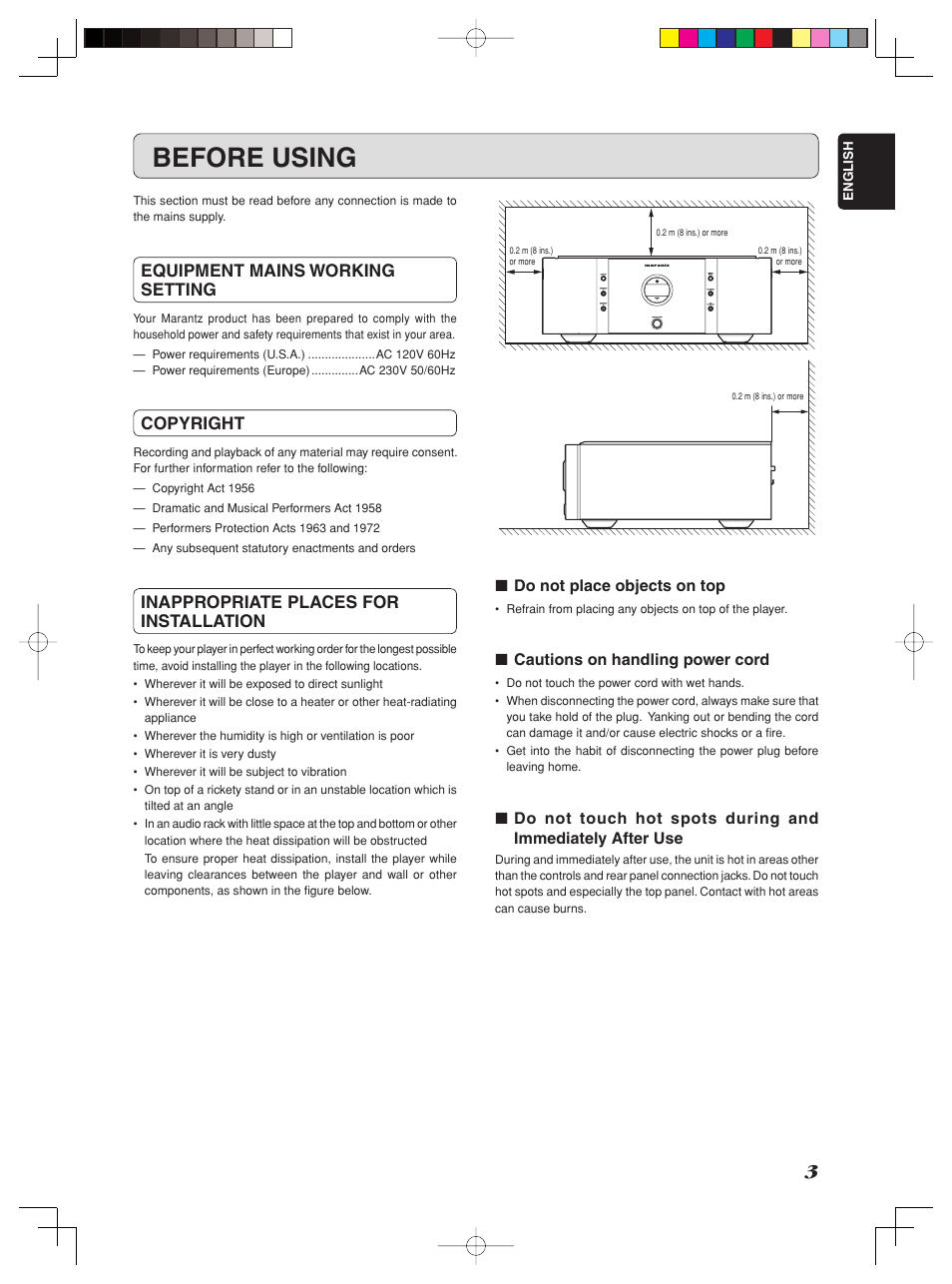 Before using, Equipment mains working setting, Copyright | Inappropriate places for installation | Marantz SM-1151 User Manual | Page 9 / 31