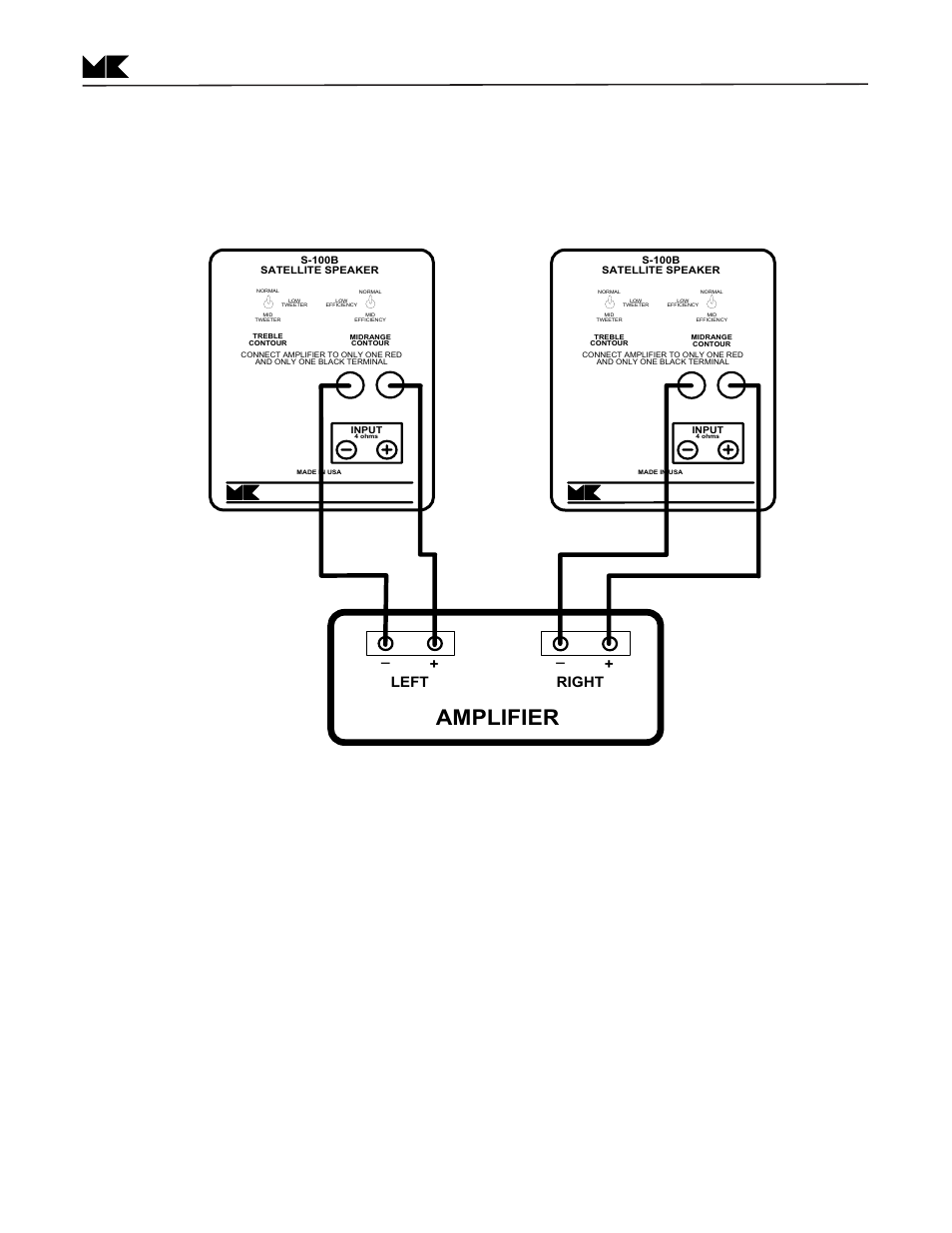 Figure 1 wiring with the s-100b amplifier, S-100b treble contour switch, Page 5 | Left right, Satellite speakers | MK Sound S-1C User Manual | Page 5 / 20