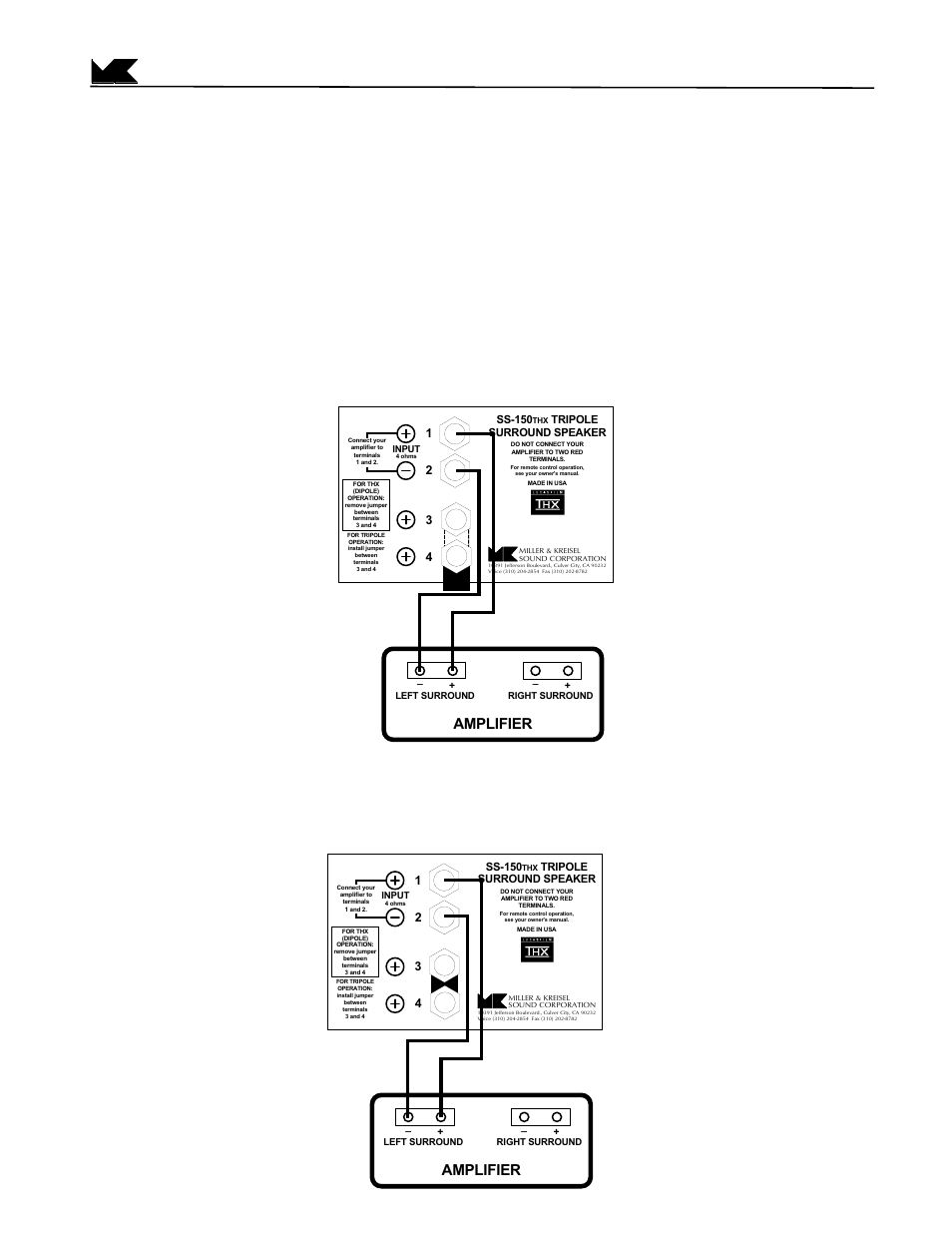 One channel only is shown for clarity), Disconnect the jumper between terminals 3 and 4, Connect the jumper between terminals 3 and 4 | Amplifier, Page 6 | MK Sound SS-150THX User Manual | Page 6 / 12