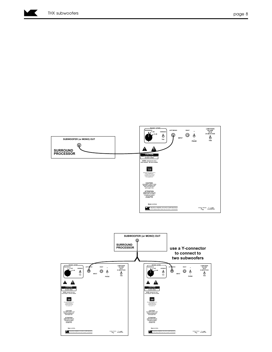 Page 8 thx subwoofers, Use a y-connector to connect to two subwoofers, Surround processor | MK Sound MX-150THX User Manual | Page 8 / 17