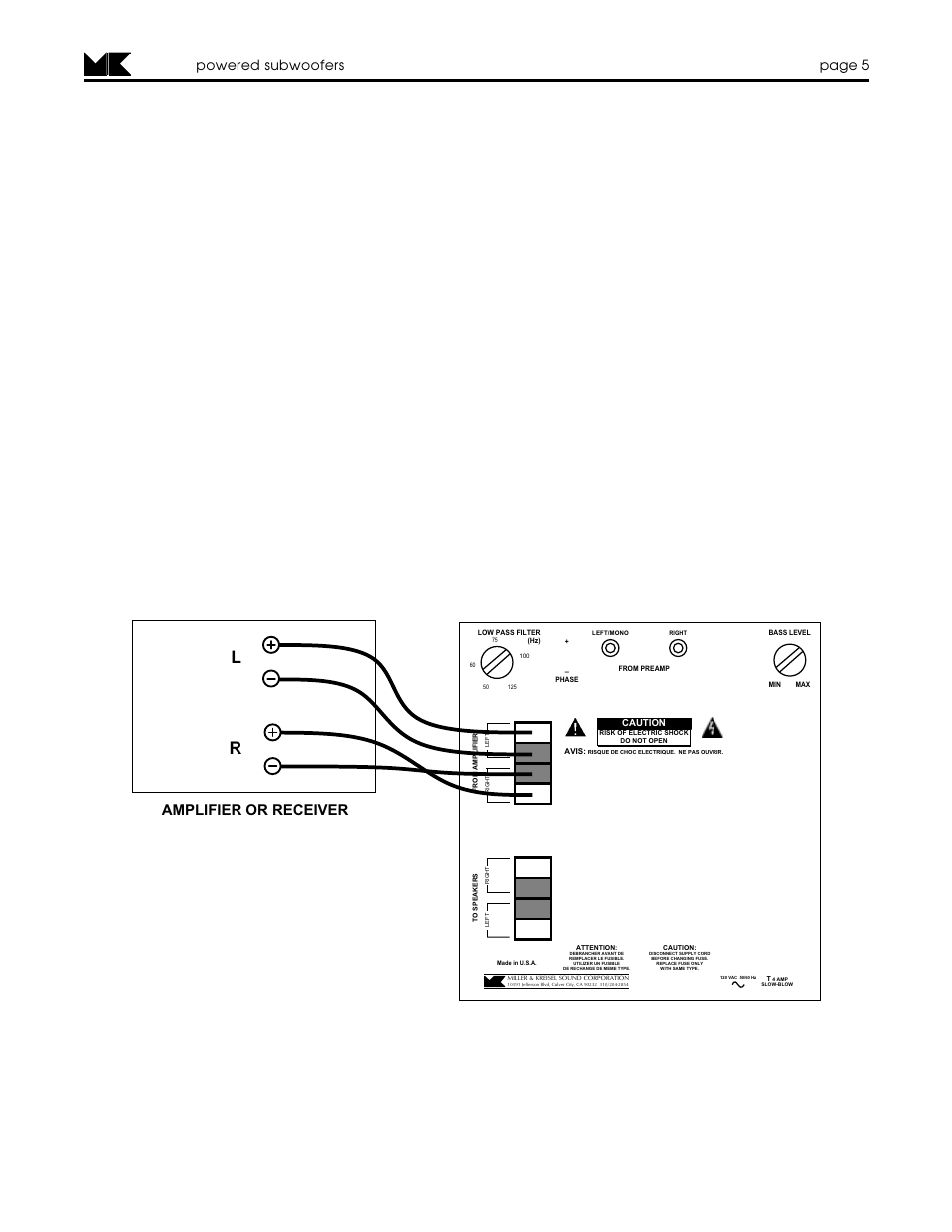 Standard amplifier/speaker wire connections, Page 5 powered subwoofers, Amplifier or receiver | MK Sound MX-125 MK II User Manual | Page 5 / 16