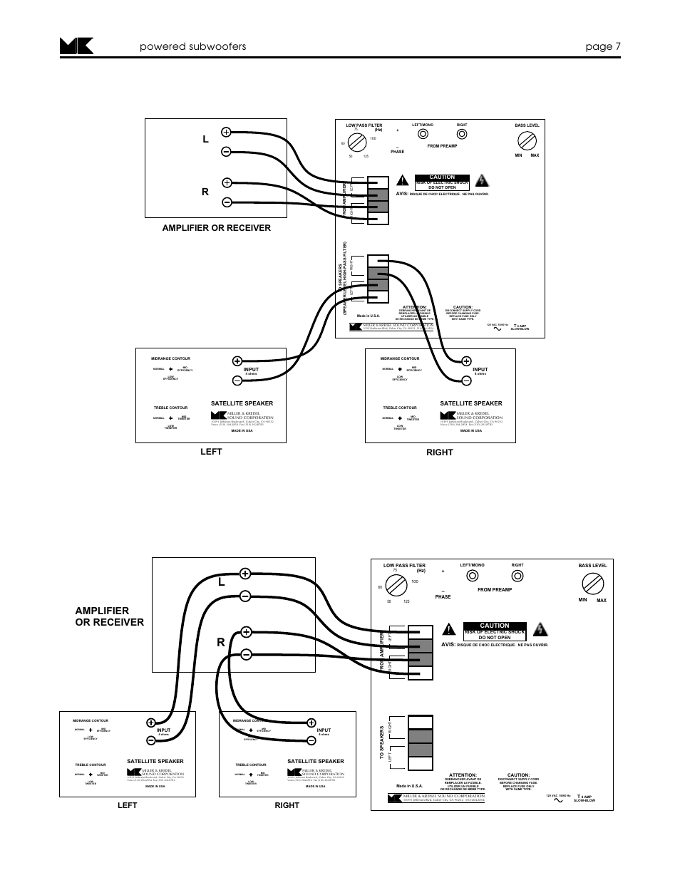 Figure 2 - satellite speaker wiring option 1, Figure 3 - satellite speaker wiring option 2, Page 7 powered subwoofers | Amplifier or receiver, Left right, This option is not available with the mx-125 mk ii | MK Sound MX-125 MK II User Manual | Page 7 / 16