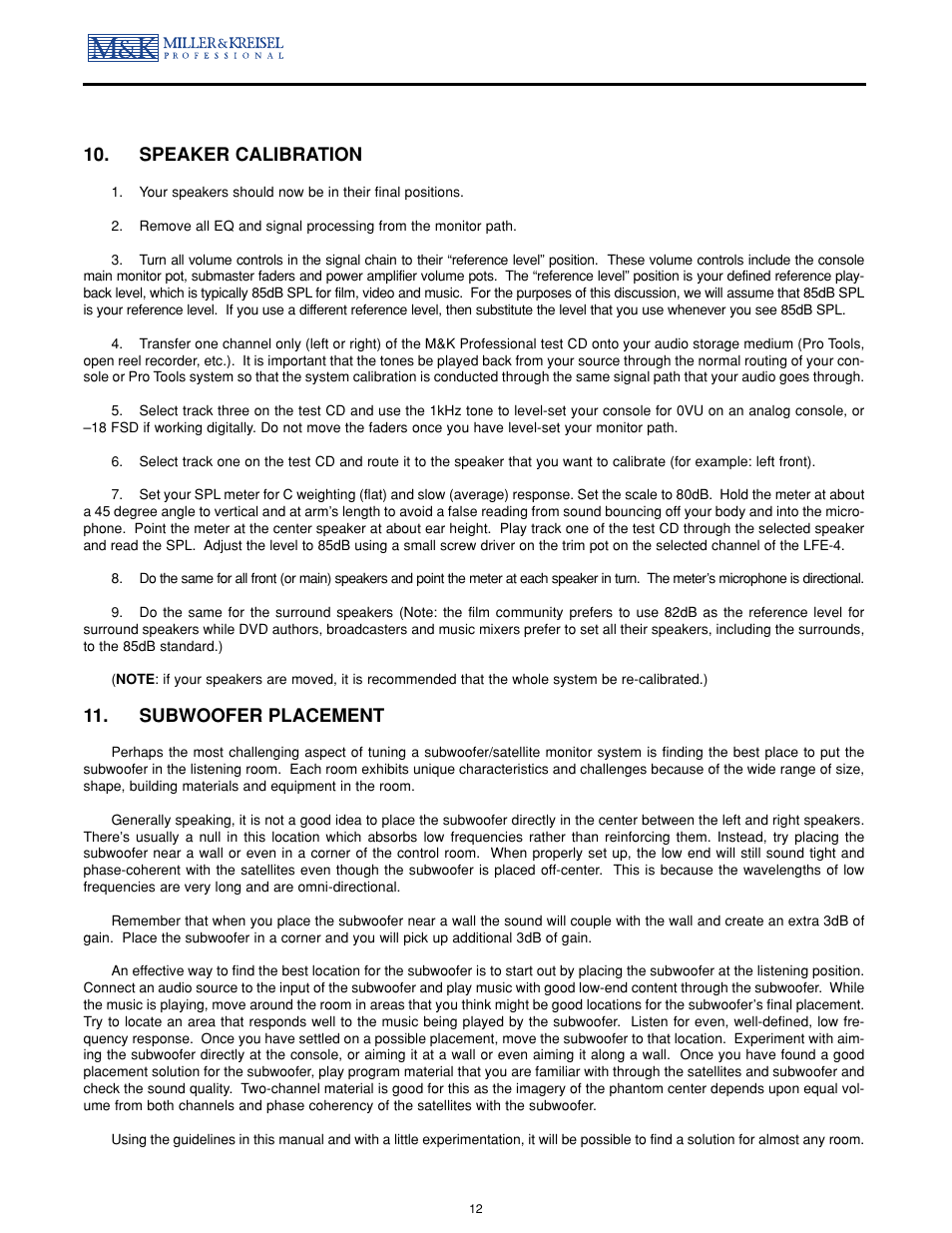 Speaker calibration, Subwoofer placement | MK Sound MPS-1611P User Manual | Page 12 / 14