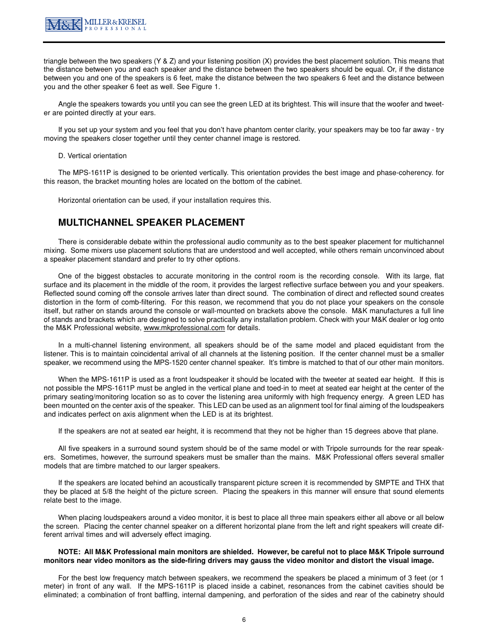 Multichannel speaker placement | MK Sound MPS-1611P User Manual | Page 6 / 14