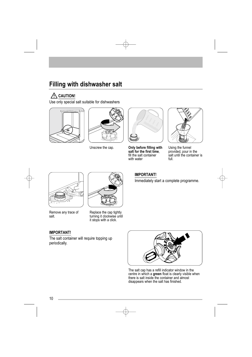 Filling with dishwasher salt | Moffat MDW 542 User Manual | Page 10 / 28