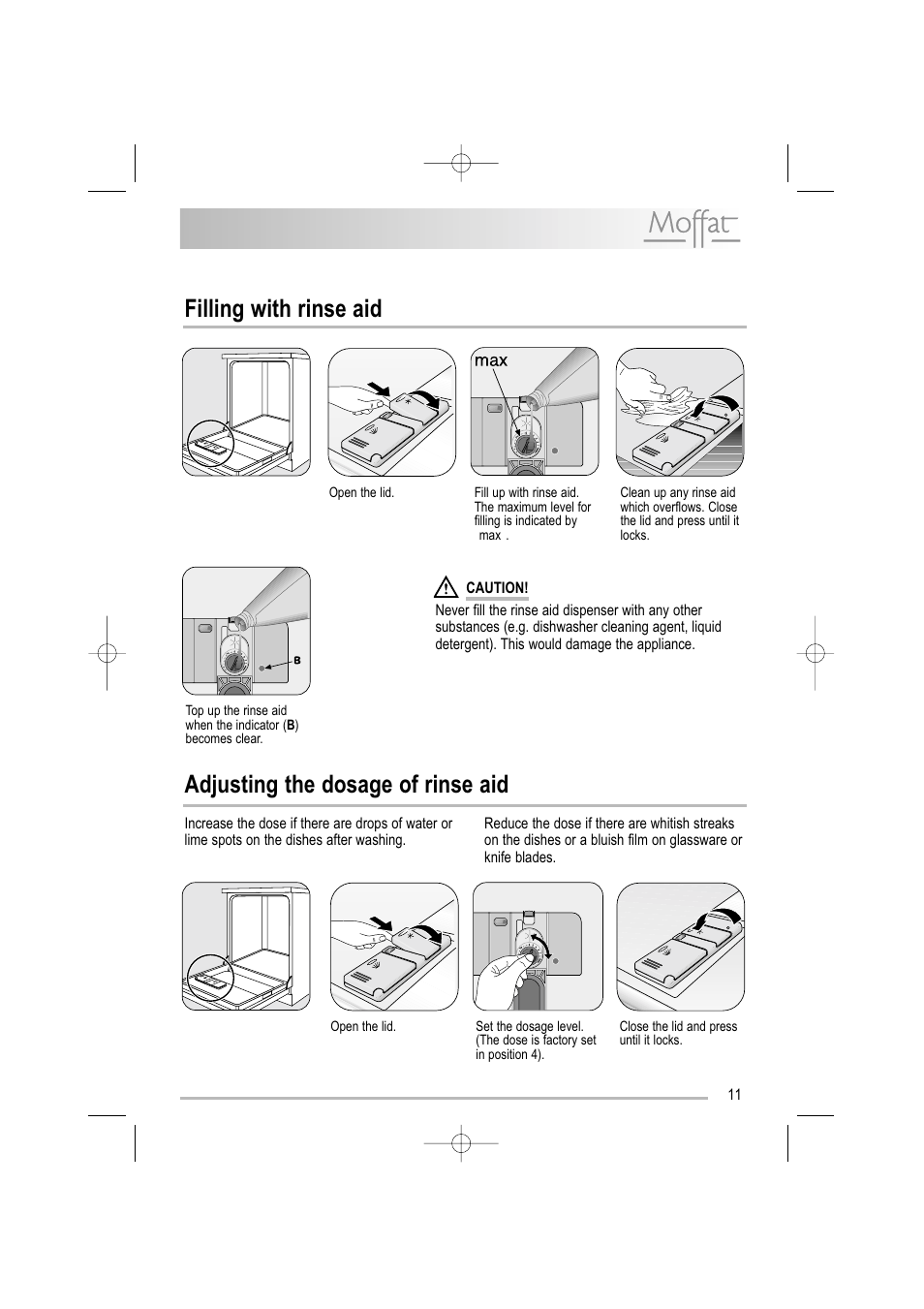 Filling with rinse aid, Adjusting the dosage of rinse aid | Moffat MDW 542 User Manual | Page 11 / 28