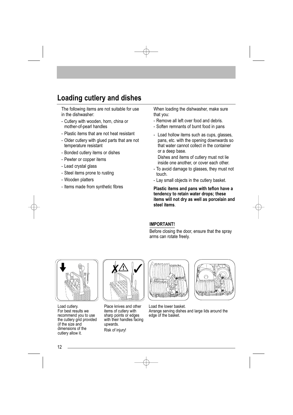 Loading cutlery and dishes | Moffat MDW 542 User Manual | Page 12 / 28