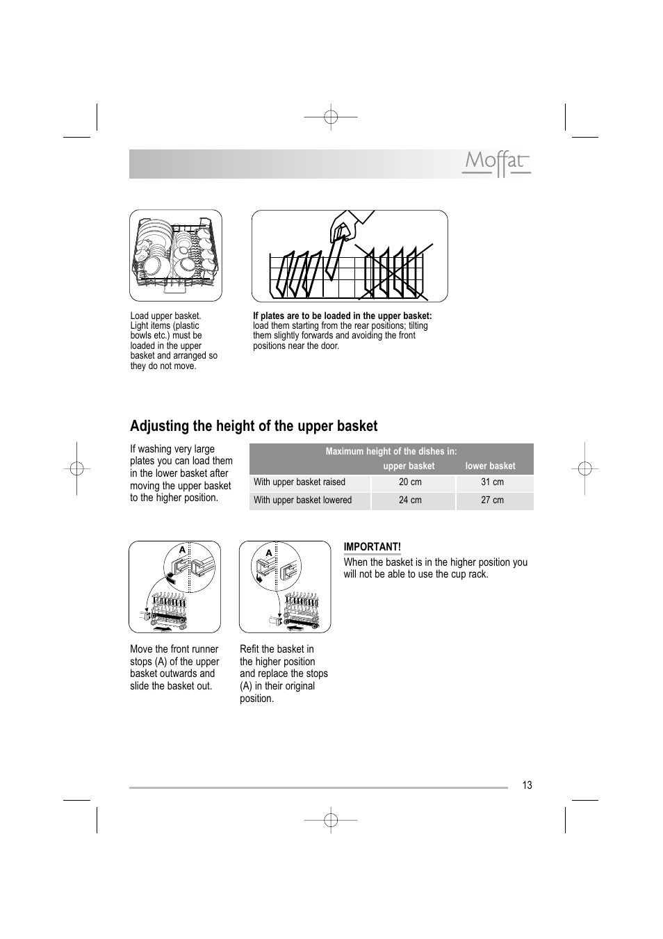 Adjusting the height of the upper basket | Moffat MDW 542 User Manual | Page 13 / 28