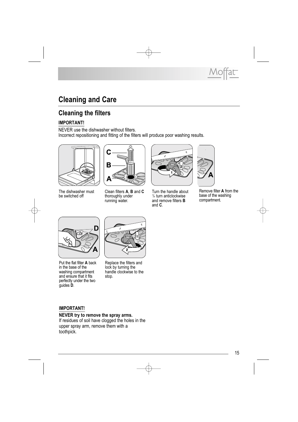 Cleaning and care, Cleaning the filters | Moffat MDW 542 User Manual | Page 15 / 28