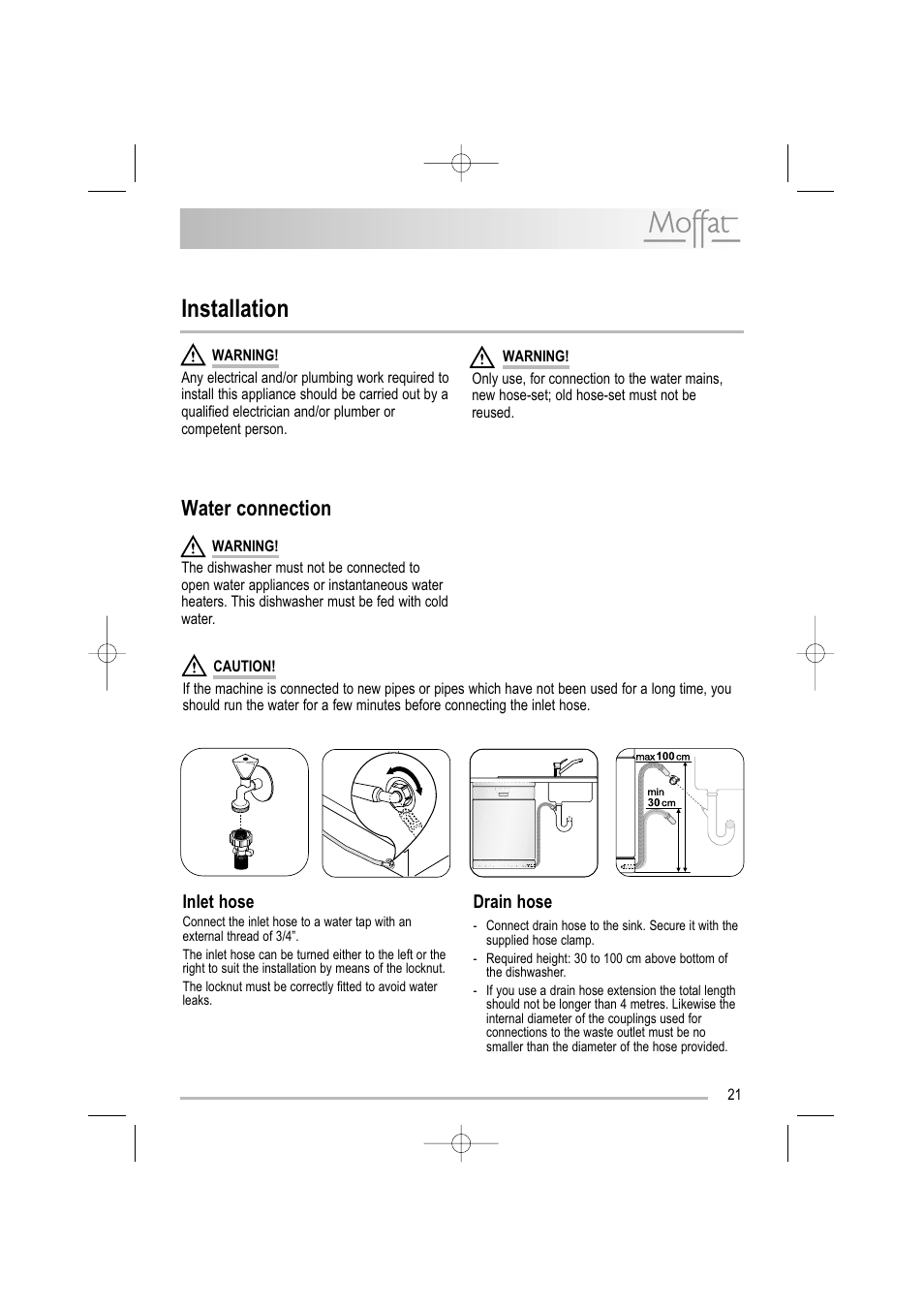 Installation, Water connection | Moffat MDW 542 User Manual | Page 21 / 28