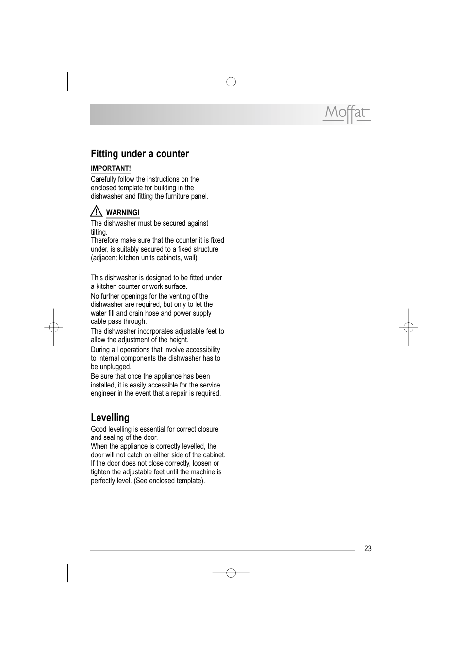 Fitting under a counter, Levelling | Moffat MDW 542 User Manual | Page 23 / 28