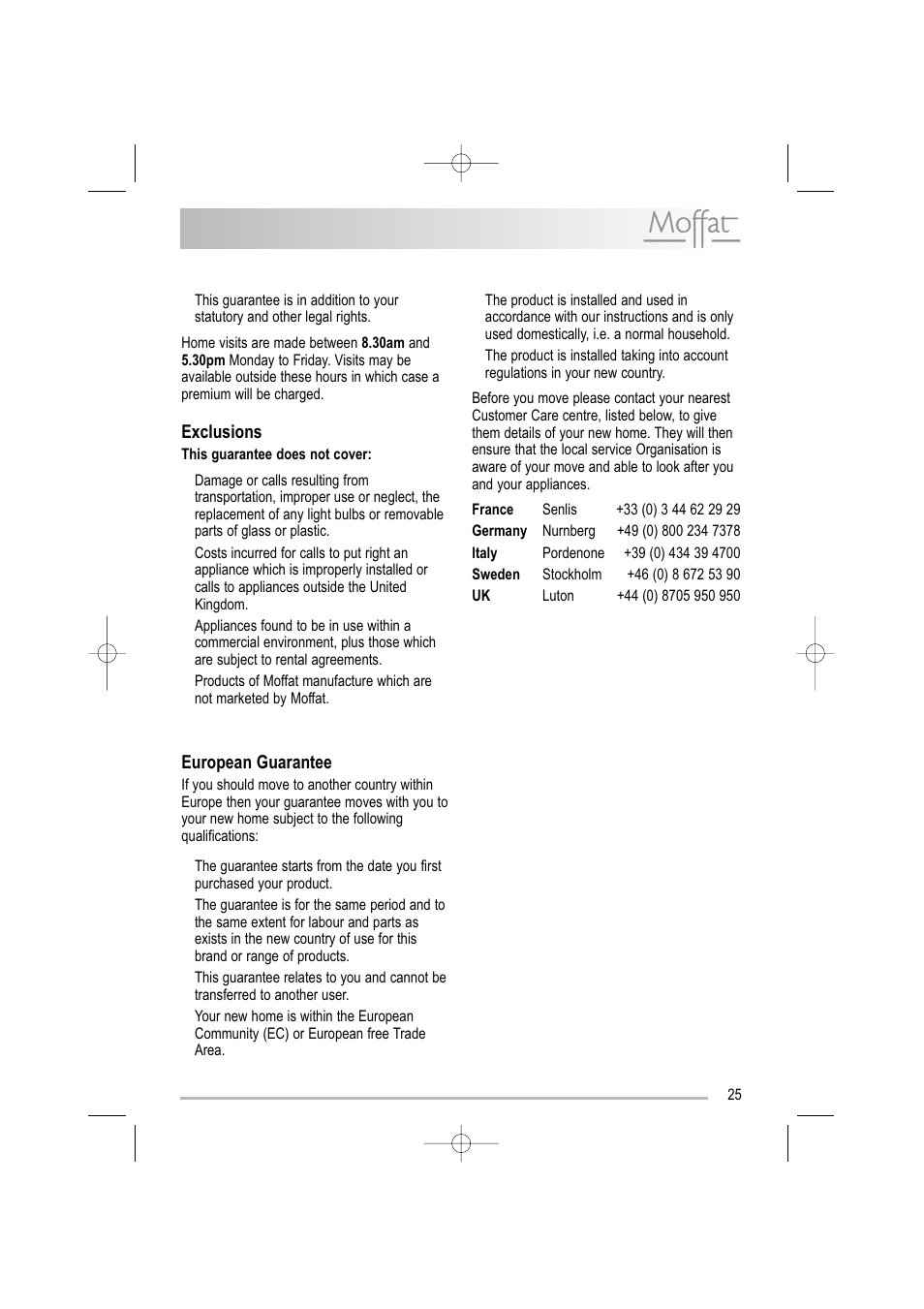 Exclusions, European guarantee | Moffat MDW 542 User Manual | Page 25 / 28