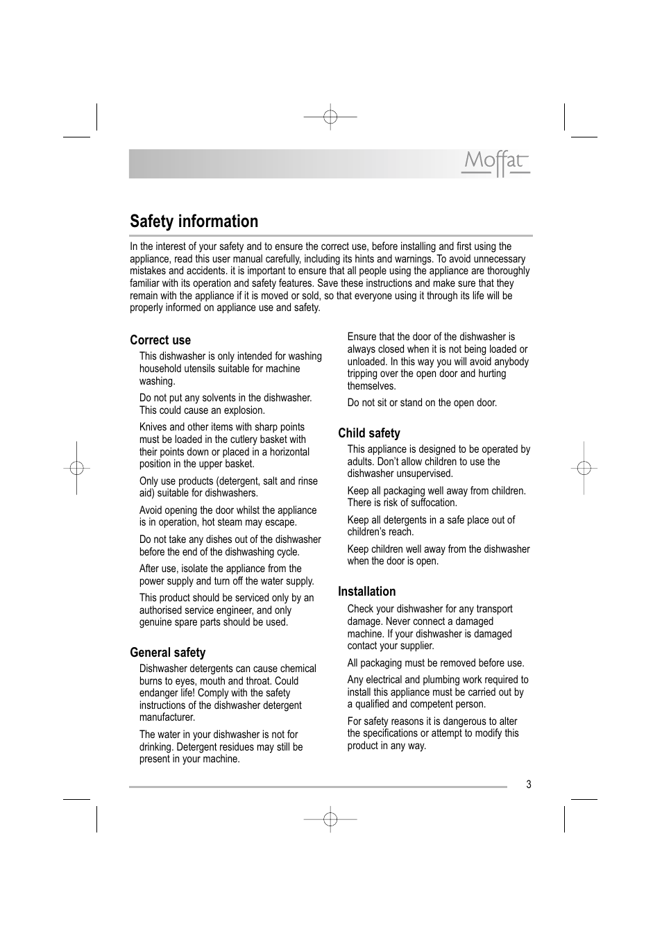 Safety information, Correct use, General safety | Child safety, Installation | Moffat MDW 542 User Manual | Page 3 / 28