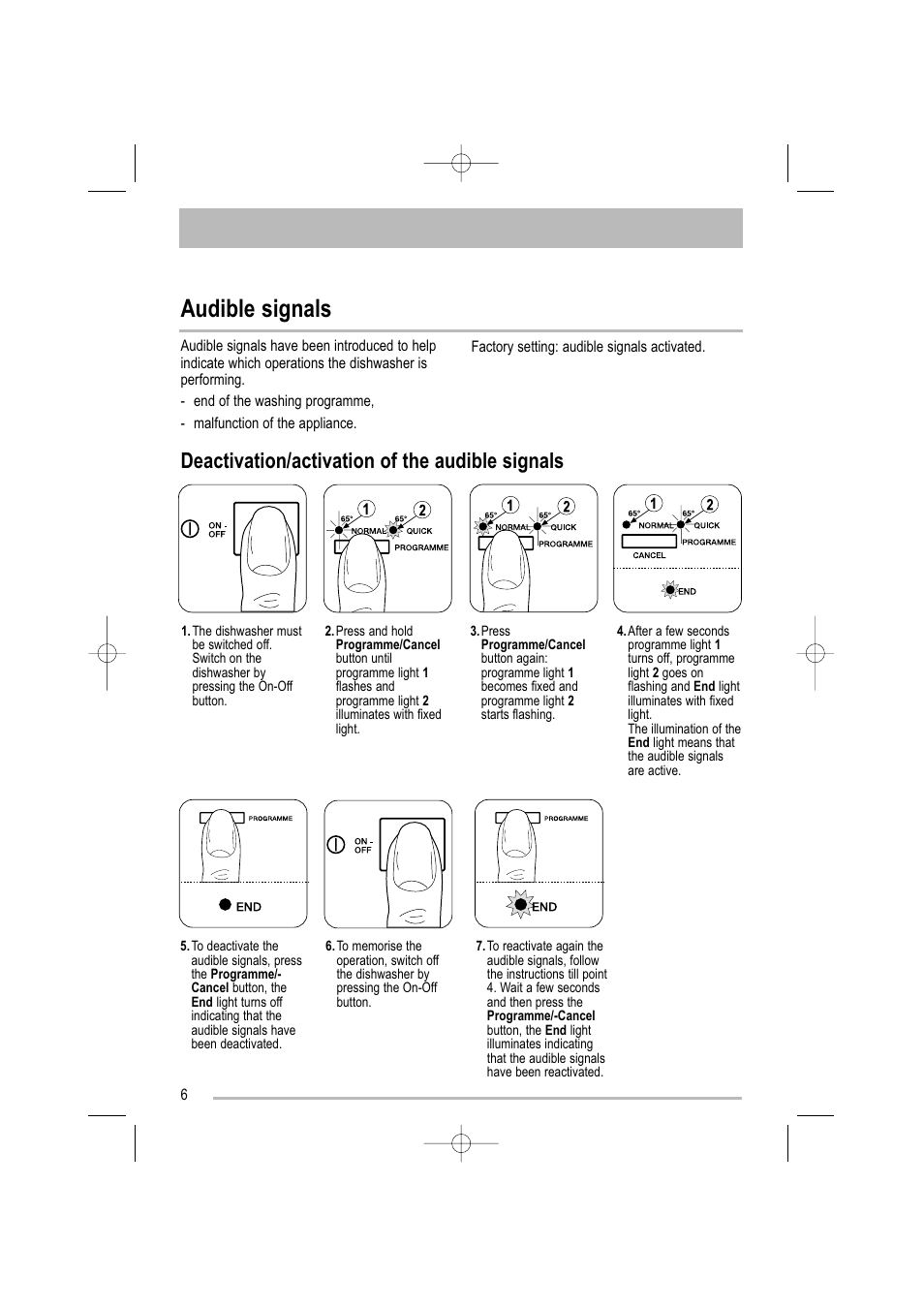 Audible signals, Deactivation/activation of the audible signals | Moffat MDW 542 User Manual | Page 6 / 28
