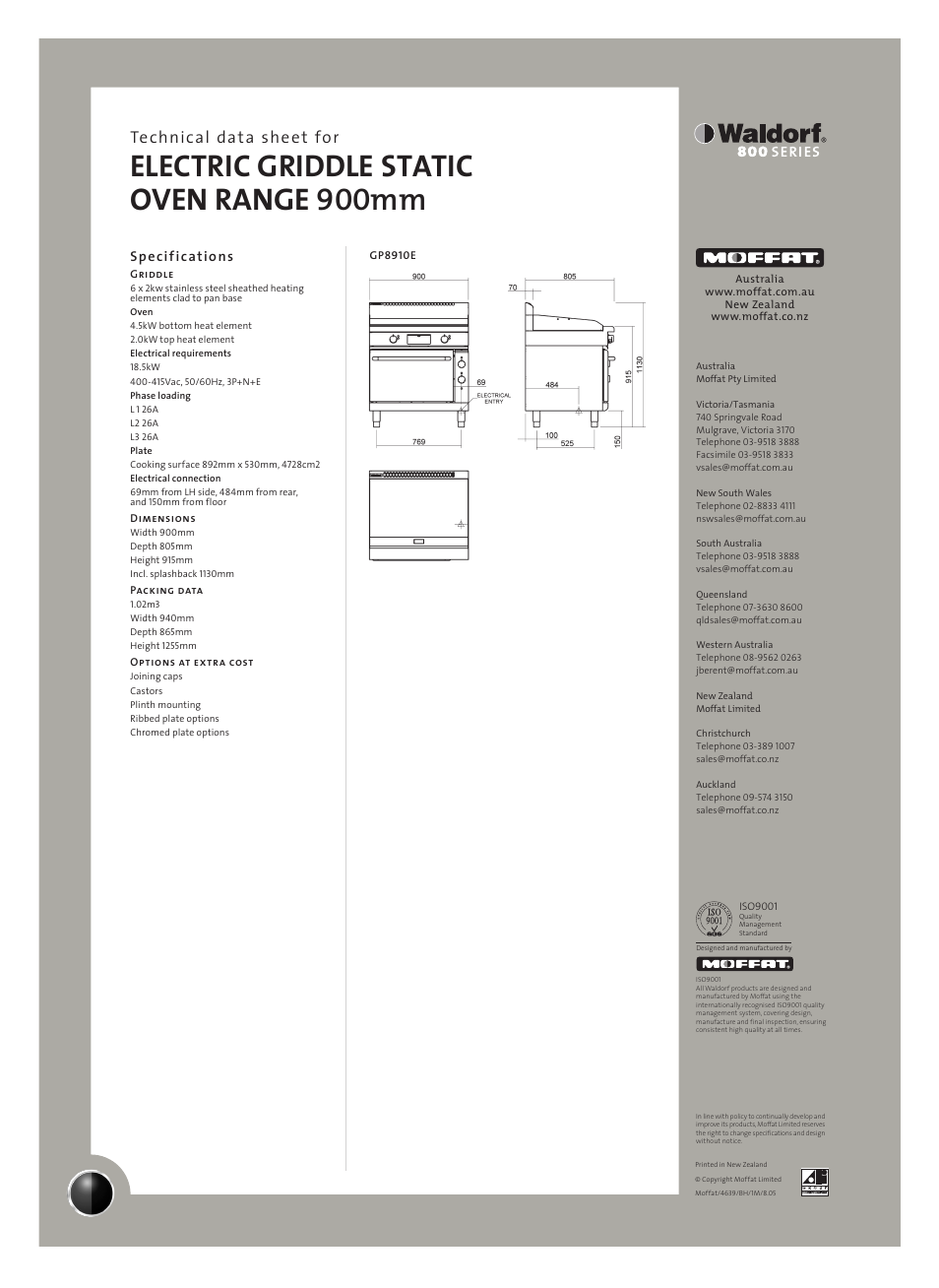 Electric griddle static oven range 900mm, Technical data sheet for, Specifications | Moffat Waldorf GP8910E User Manual | Page 2 / 2