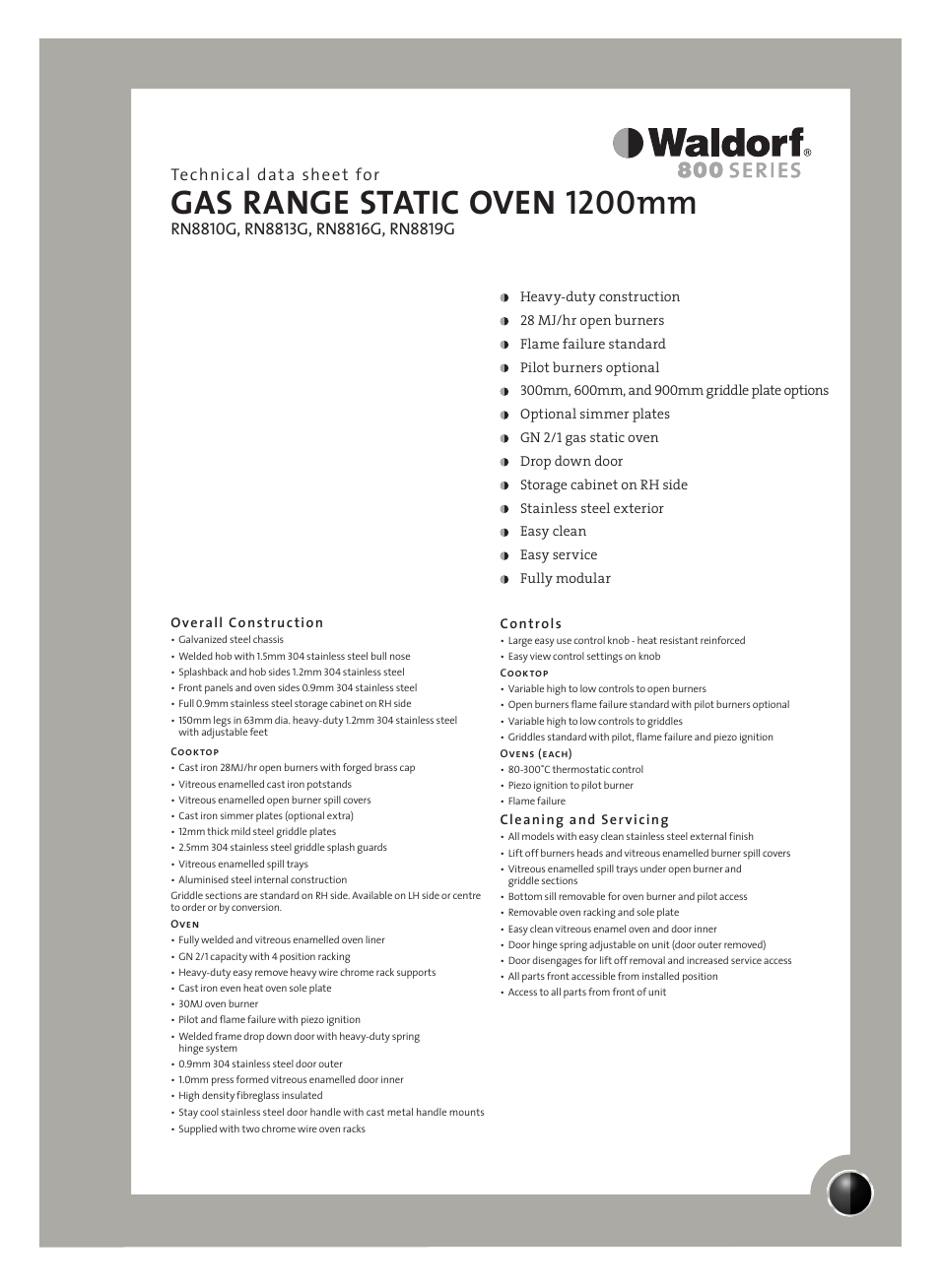 Moffat WALDORF RN8810G User Manual | 2 pages