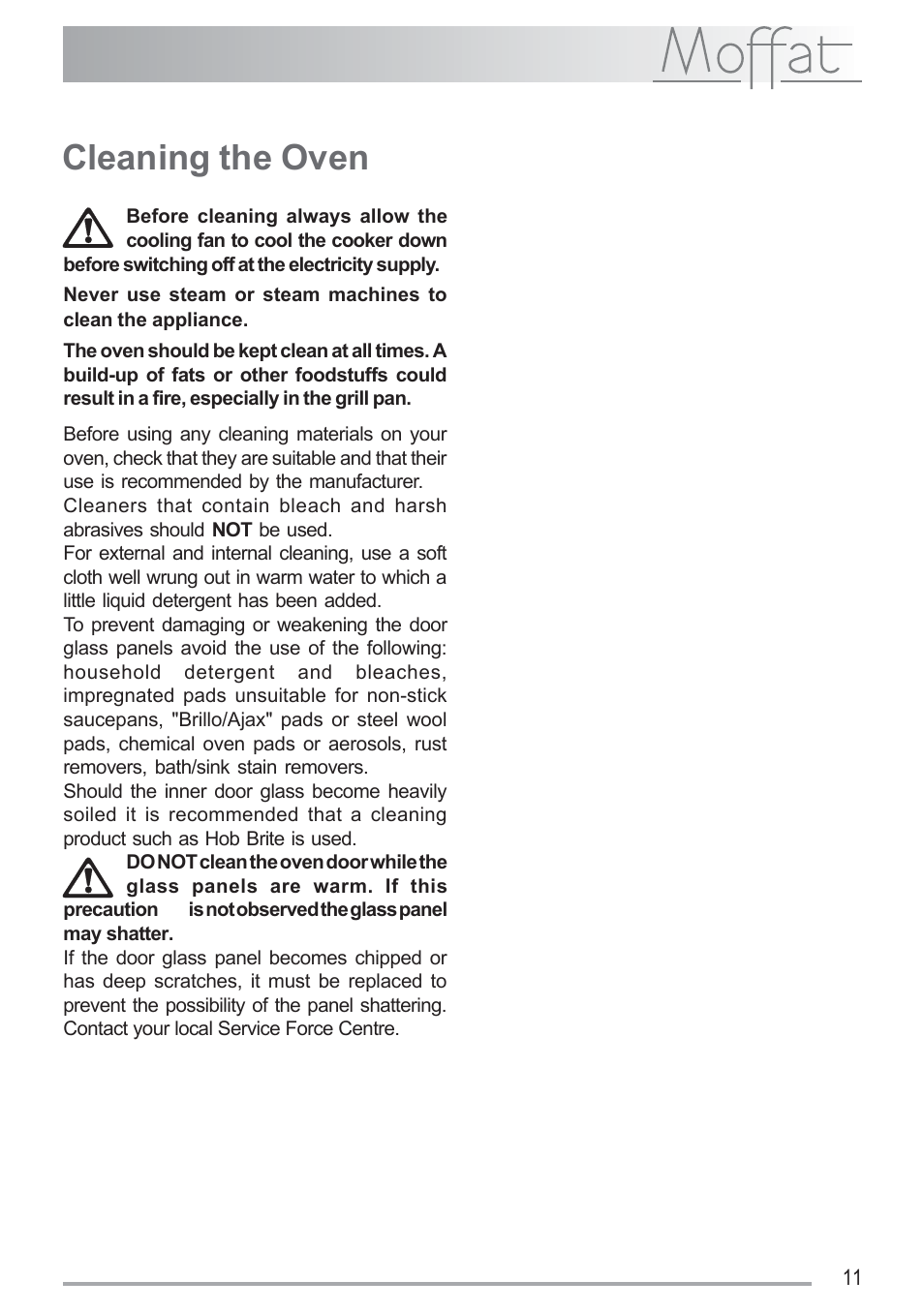 Cleaning the oven | Moffat MSF 611 User Manual | Page 11 / 20