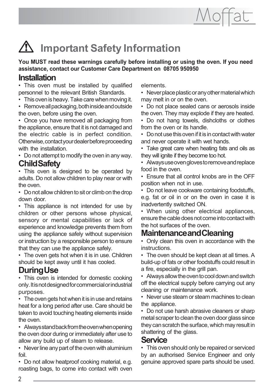 Important safety information, Installation, Child safety | During use, Maintenance and cleaning, Service | Moffat MSF 611 User Manual | Page 2 / 20