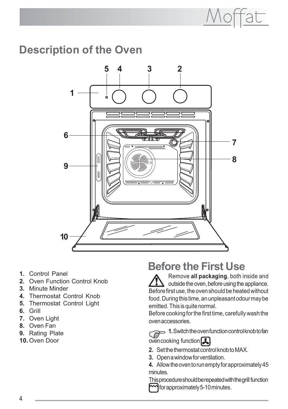 Description of the oven, Before the first use | Moffat MSF 611 User Manual | Page 4 / 20