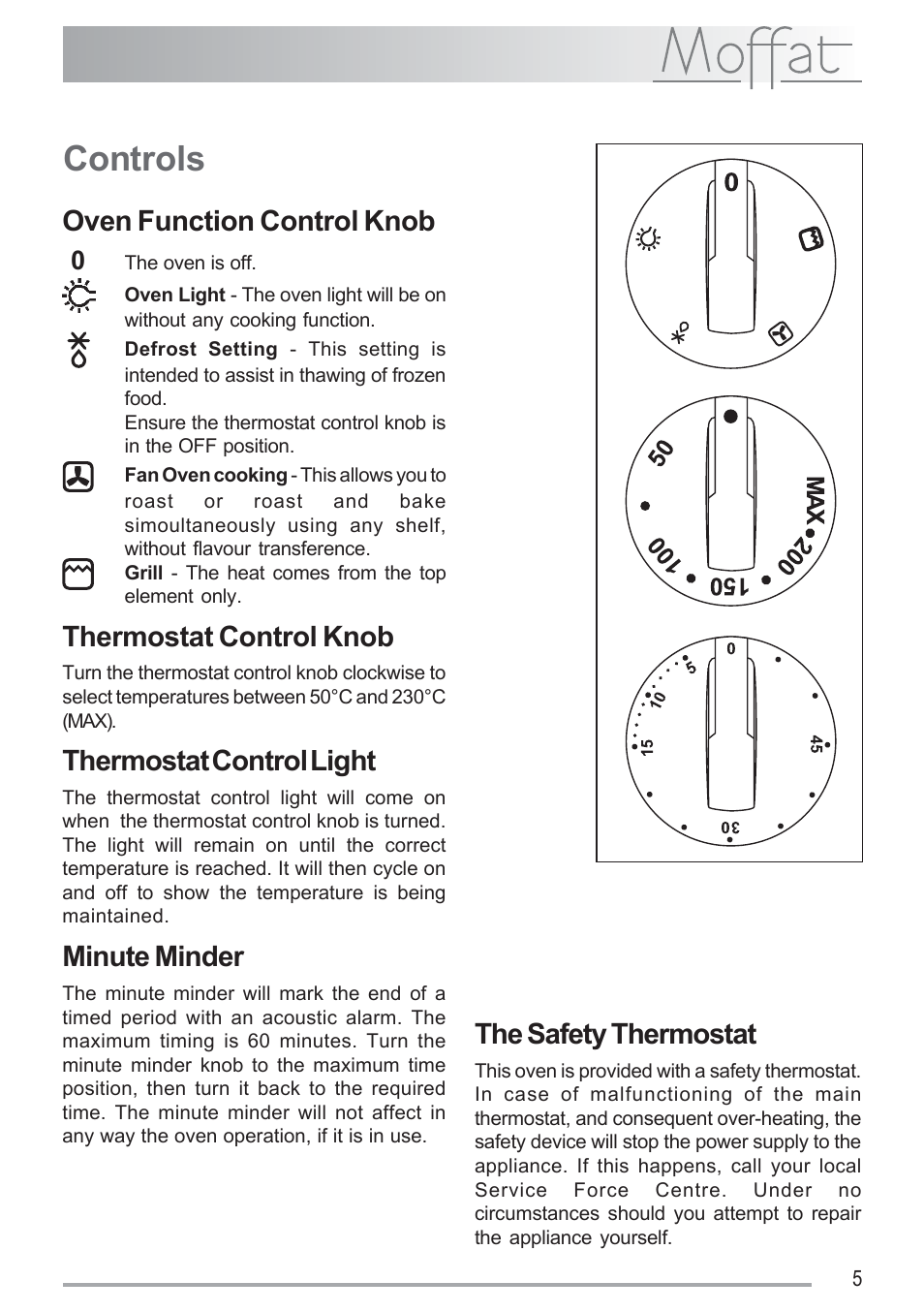 Controls, Oven function control knob, Thermostat control knob | Thermostat control light, Minute minder, The safety thermostat | Moffat MSF 611 User Manual | Page 5 / 20