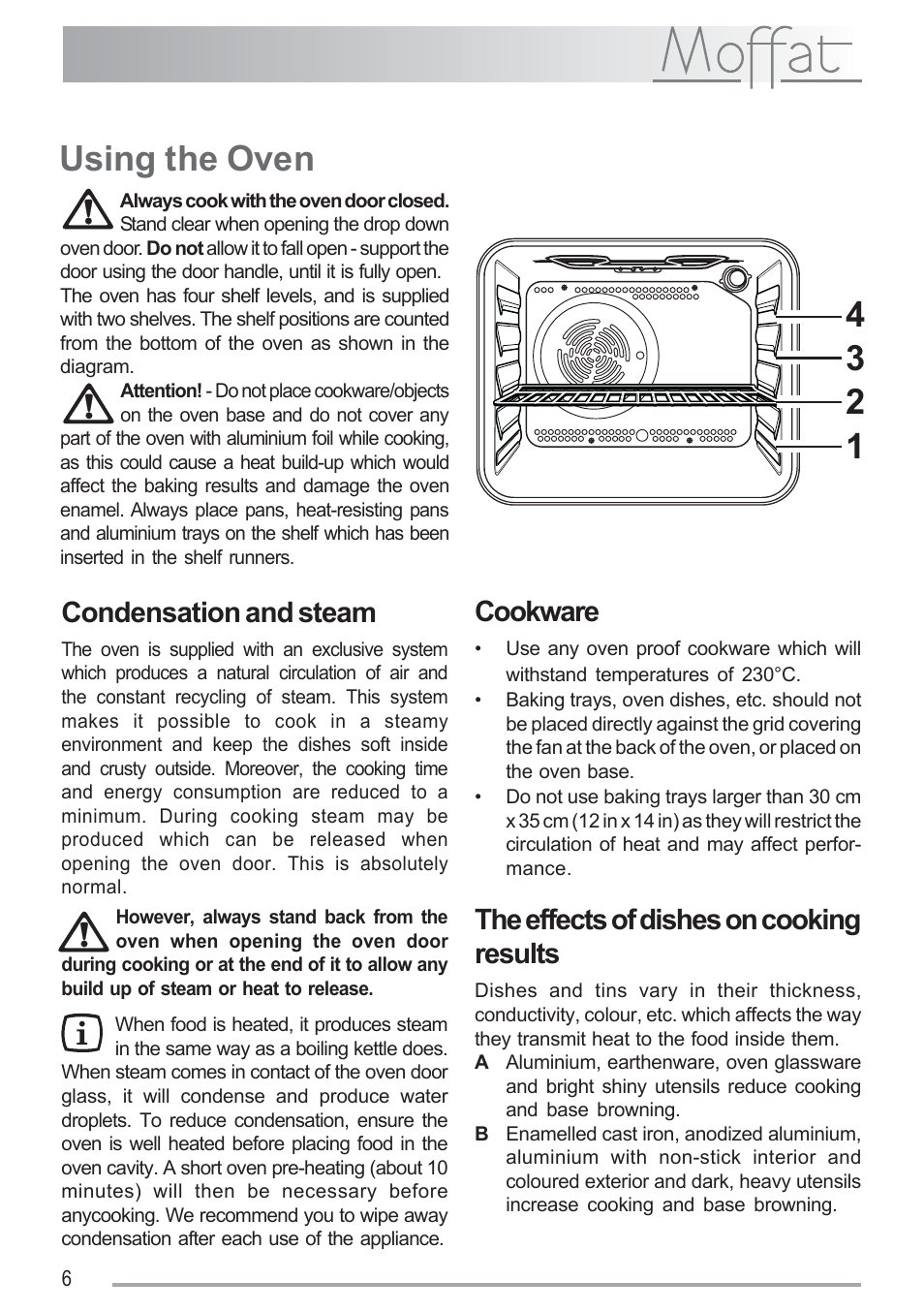 Using the oven, Condensation and steam, Cookware | The effects of dishes on cooking results | Moffat MSF 611 User Manual | Page 6 / 20