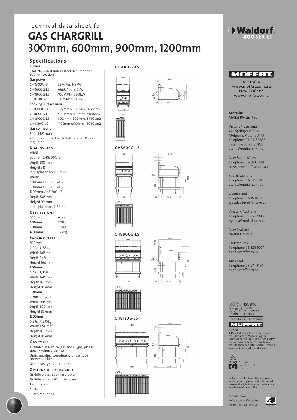 Technical data sheet for, Specifications | Moffat Waldorf CH8120G-LS User Manual | Page 2 / 2