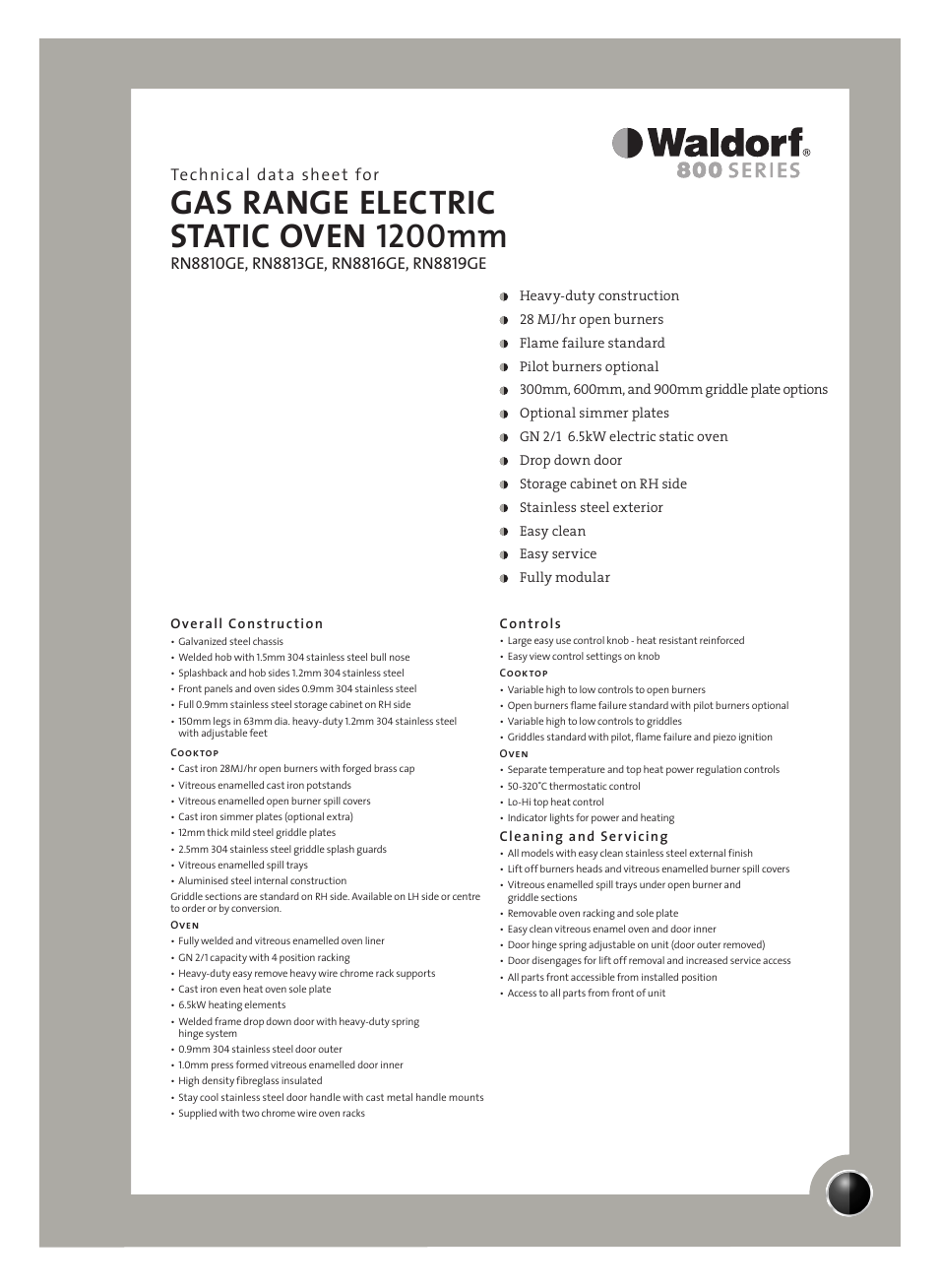 Moffat WALDORF RN8810GE User Manual | 2 pages