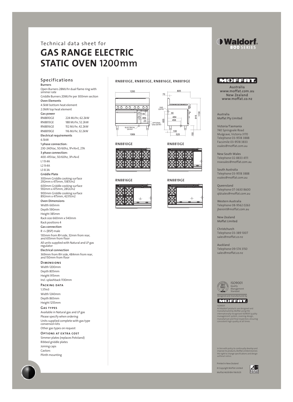 Gas range electric static oven 1200mm, Technical data sheet for, Specifications | Moffat WALDORF RN8810GE User Manual | Page 2 / 2