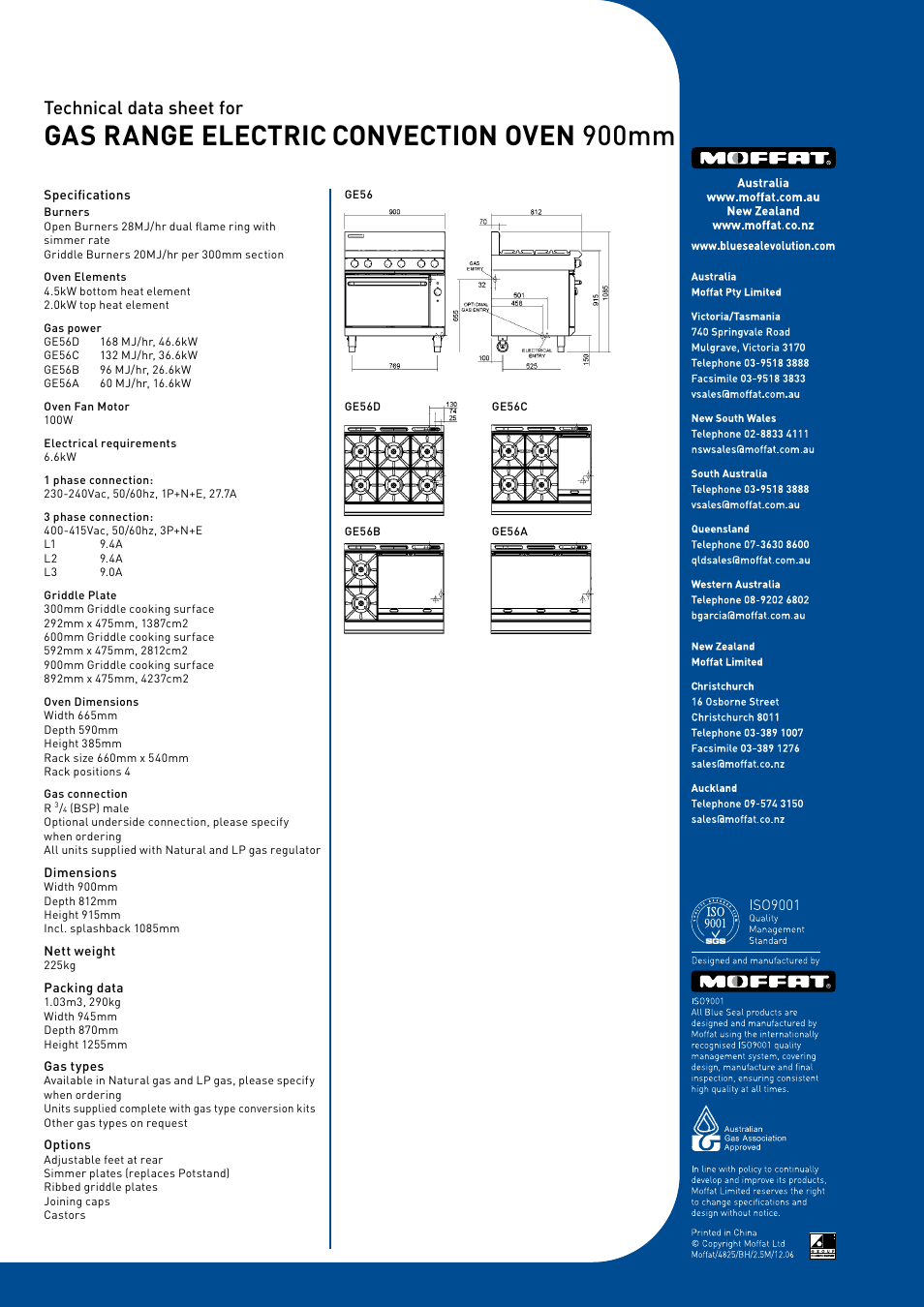 Gas range electric convection oven 900mm, Technical data sheet for | Moffat Blue Seal GE56C User Manual | Page 2 / 2