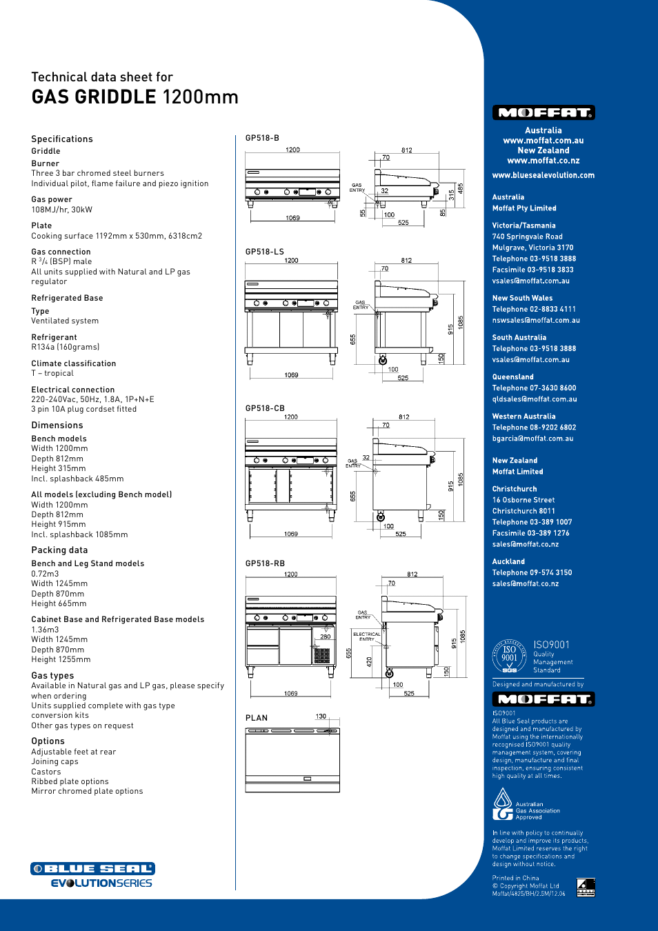 Gas griddle 1200mm, Technical data sheet for | Moffat GP518-LS User Manual | Page 2 / 2