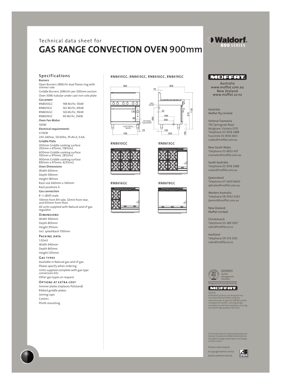 Gas range convection oven 900mm, Technical data sheet for, Specifications | Moffat RN8613GC User Manual | Page 2 / 2