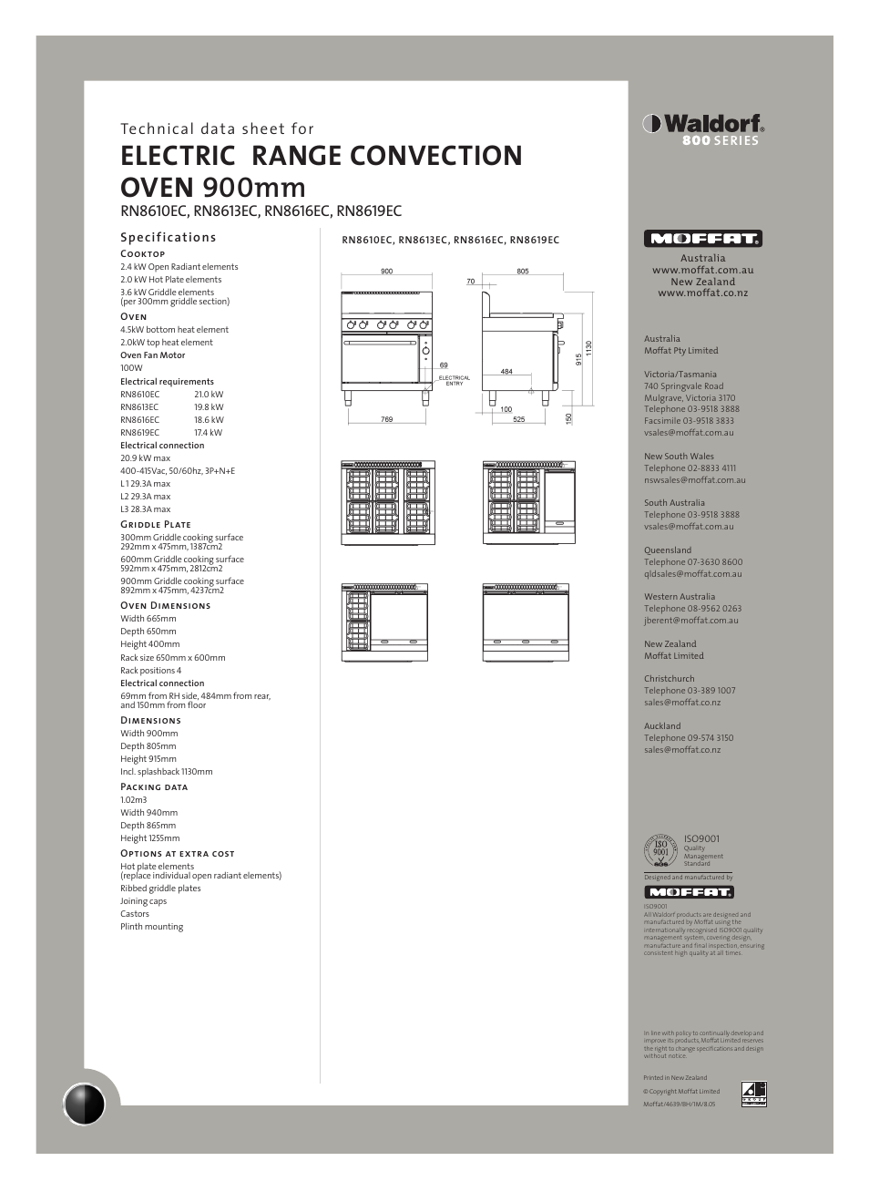 Electric range convection oven 900mm, Technical data sheet for, Specifications | Moffat RN8619EC User Manual | Page 2 / 2