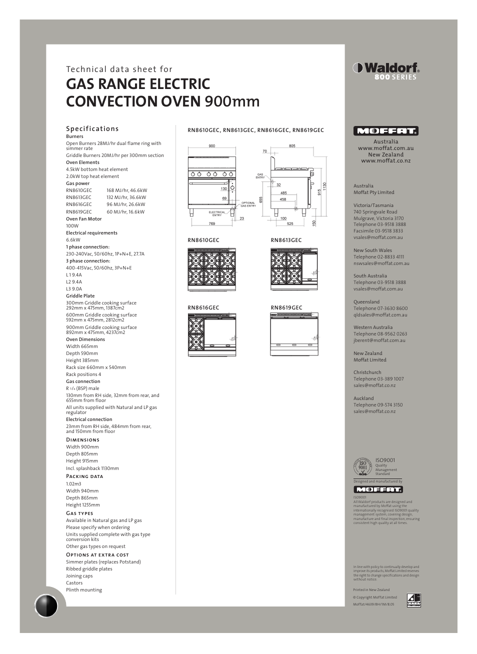 Gas range electric convection oven 900mm, Technical data sheet for, Specifications | Moffat RN8619GEC User Manual | Page 2 / 2