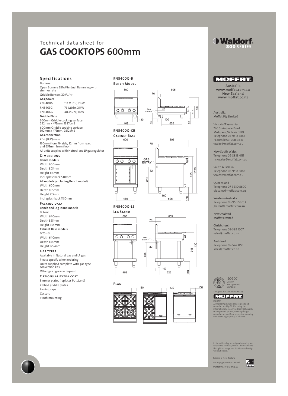 Gas cooktops 600mm, Technical data sheet for, Specifications | Moffat RN8403G-CB User Manual | Page 2 / 2