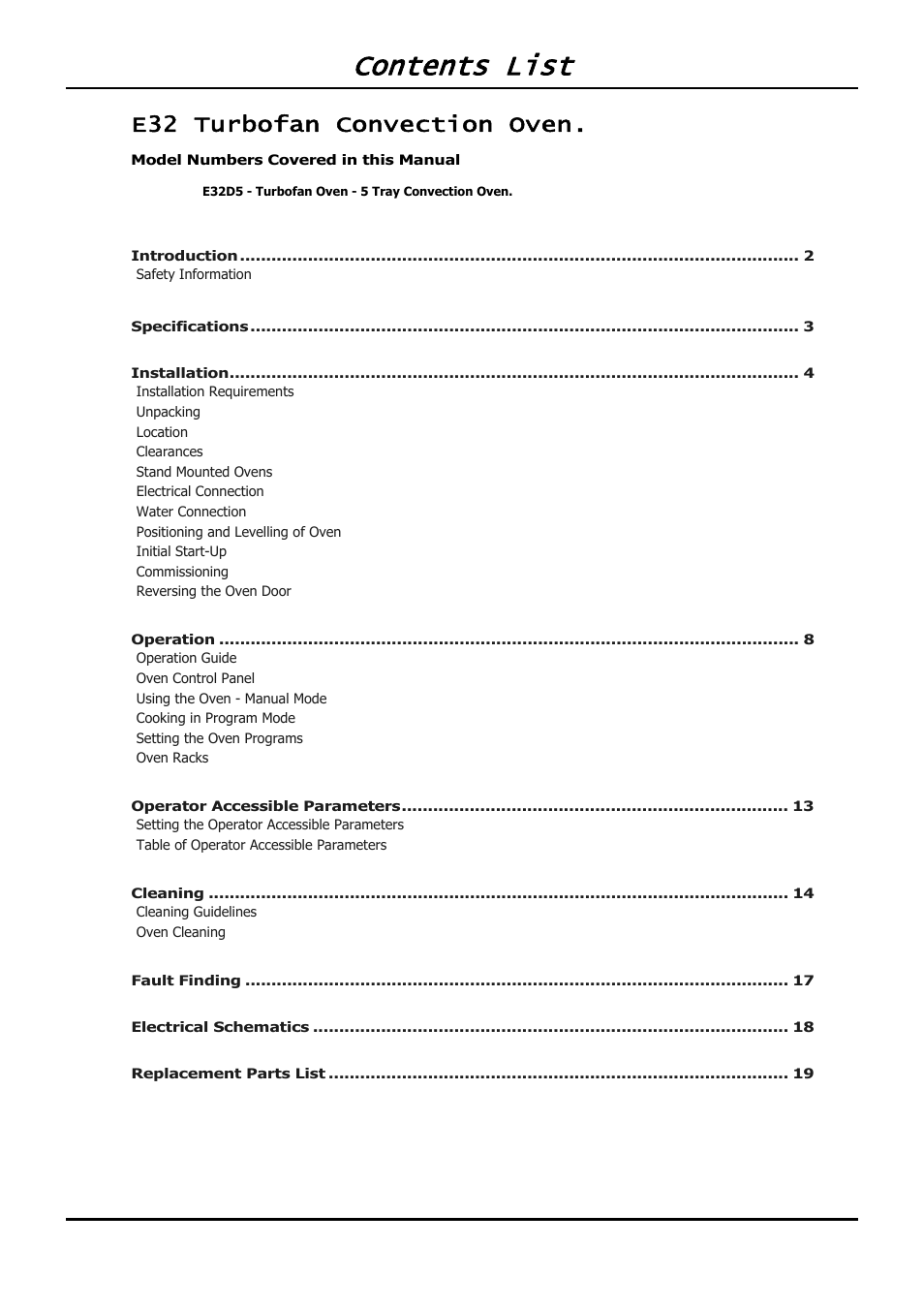 Contents list, E32 turbofan convection oven | Moffat BLUE SEAL E32D5 User Manual | Page 3 / 22